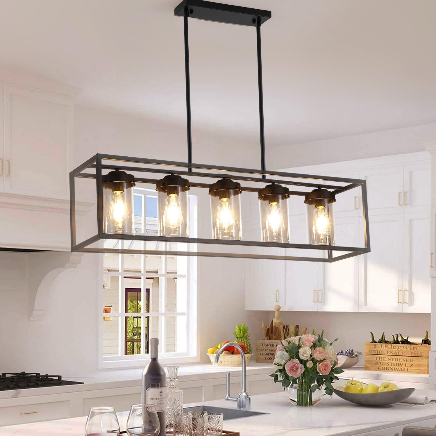 Black Farmhouse Dining Room Light Fixture，Clear Glass Rectangular Chandelier，Updated Industrial Kitchen Island Light Fixture,Rustic Chandelier for Dining Room