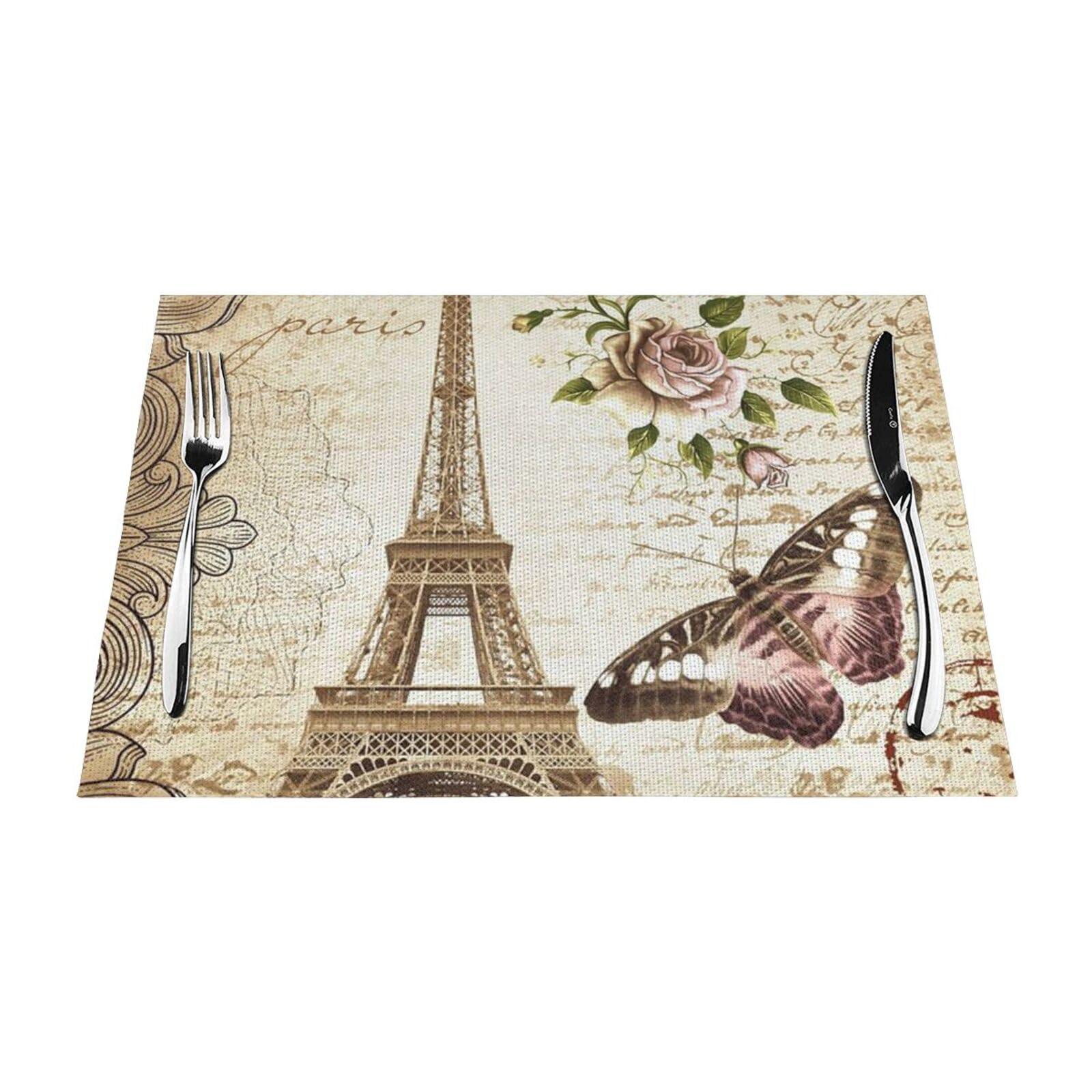 PVC Placemat Set of 6 PCS, 45x30 CM, Paris Eiffel Tower Printed Non-Slip Heat Resistant Place Mats for Kitchen Dining Table Indoor Outdoor