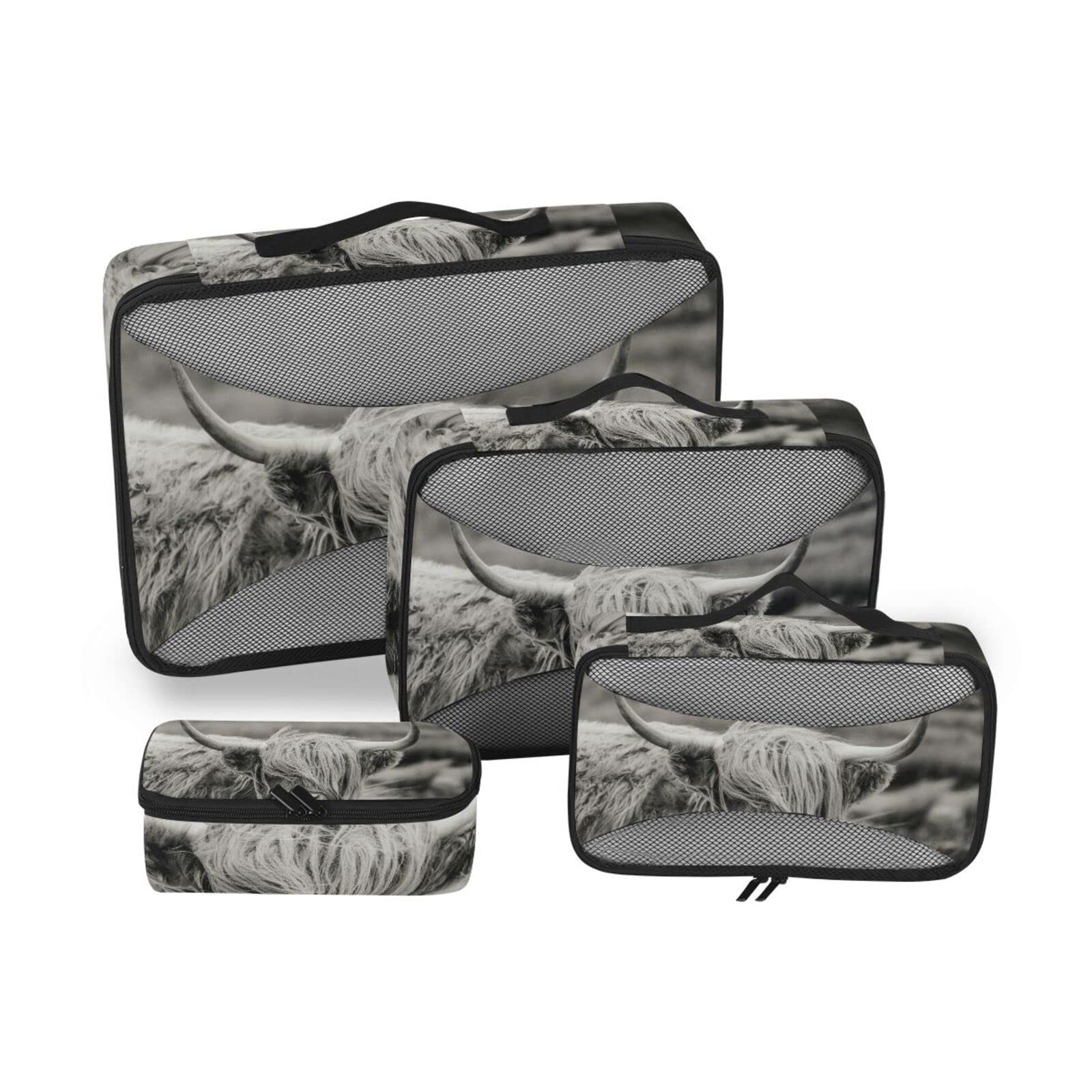 Scottish Highland Cattle Cow Retro Vintage Old Style 4 Set Packing Cubes, Travel Packing Organizers, 600D Oxford Cloth Toiletry Storage Bag, Luggage Mesh Bags for Accessories