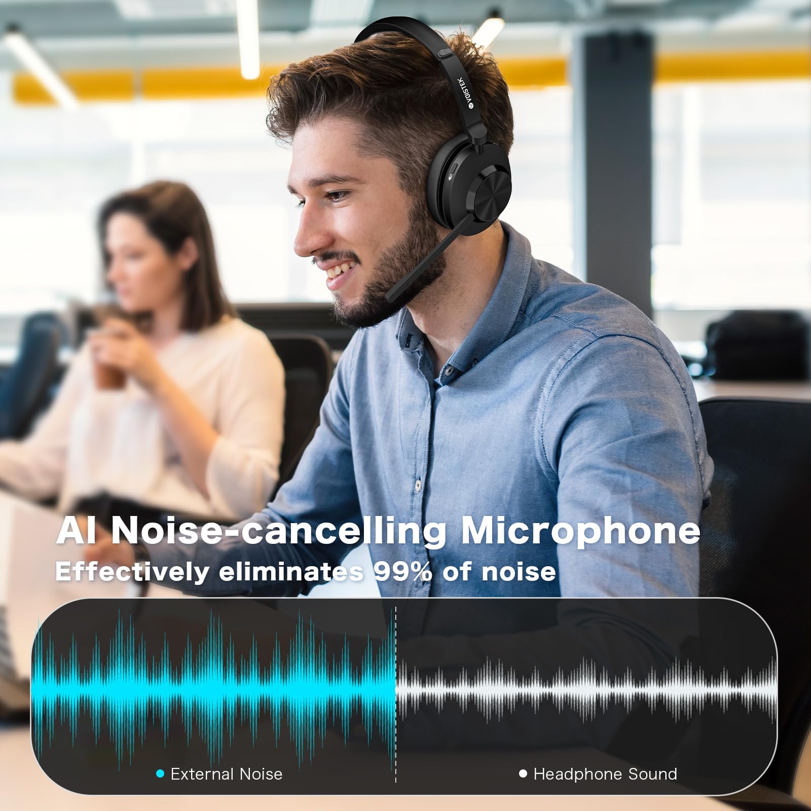 Voistek Cuffie con microfono Bluetooth e USB Dongle, batteria da 50 ore, auricolari wireless con microfono, cancellazione del rumore, casa, ufficio, call center