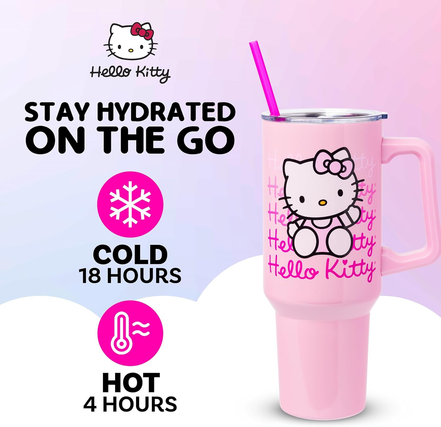 Silver Buffalo Sanrio Hello Kitty Waving Double Walled Stainless Steel Tumbler with Handle and Straw, Fits in Standard Cup Holder, 40 Ounces - Image 2