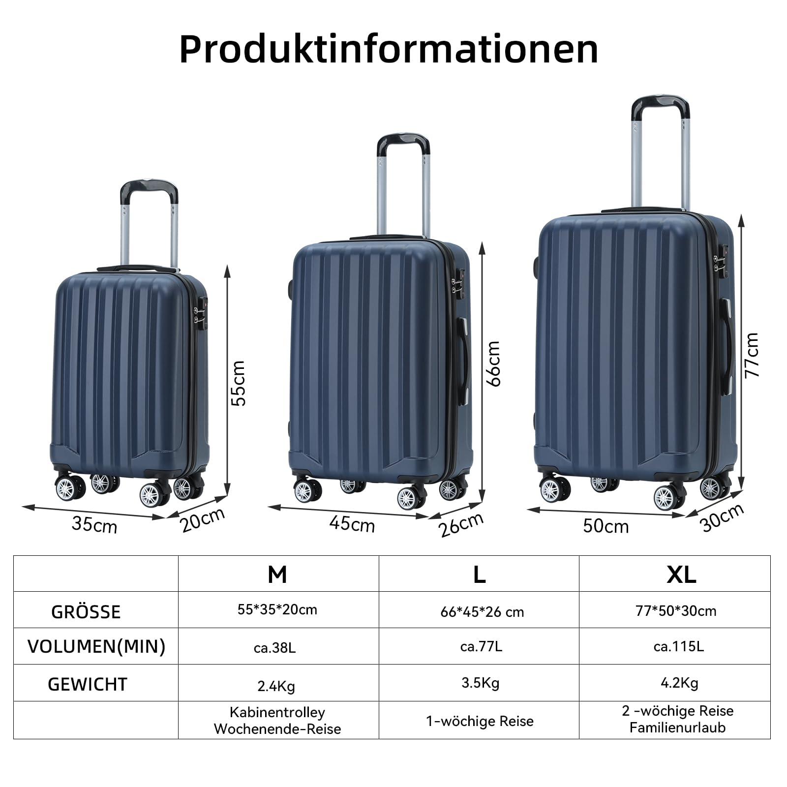 BEIBYE TSA-Schloß 2080 Hartschale Reisekoffer Trolley XL Dunkelblau