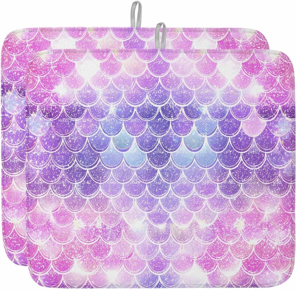 Pink Purple Fish Scales Dish Drying Mat for Kitchen Counter Dreamy Pink Purple Gradient Shiny Mermaid Scale Super Absorbent Microfiber Coffee Bar Mat Washable Dish Drainer Rack Mat, 2 Pack, 16" x 18"