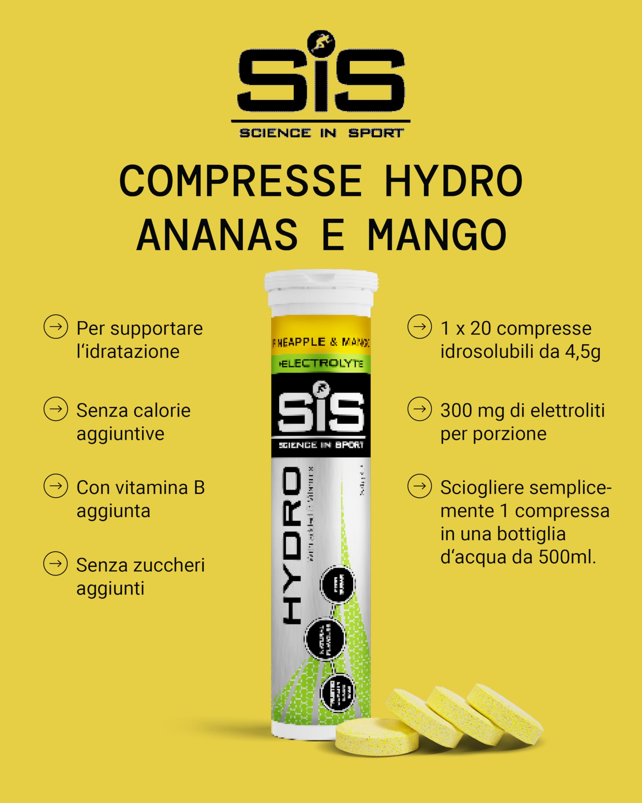 Science in Sport HYDRO Compresse 20pz. Ananas e Mango - Elettroliti in compresse effervescenti, Vegan, Mantengono il corretto bilancio di elettroliti ed acqua