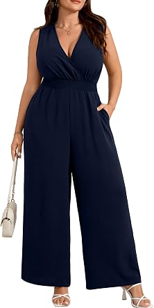 RWJ Plus Size Jumpsuits for Women Dressy Casual Wrap V Neck Sleeveless Zipper Outfits Wide Leg Pant Rompers with Pockets