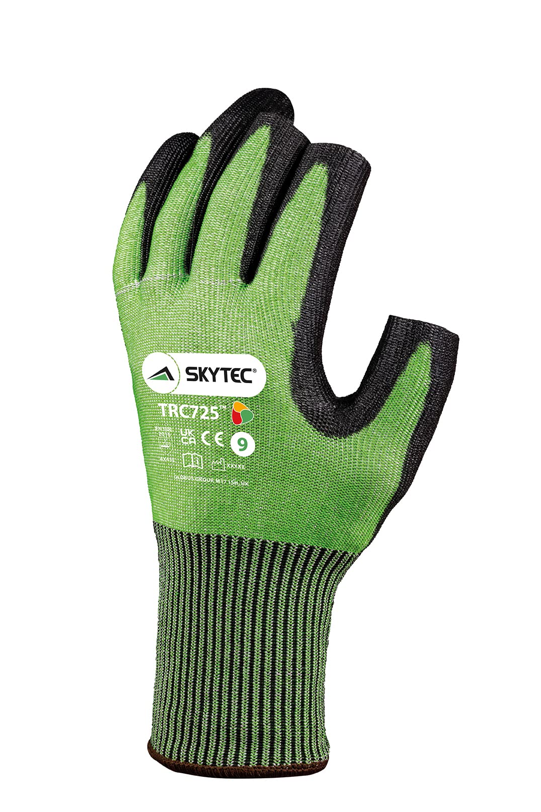 Skytec TRC725 1 Pair Green Open Digits Nylon Safety Work Gloves with Polyurethane (PU) Coating that Provide Cut Resistance - XL