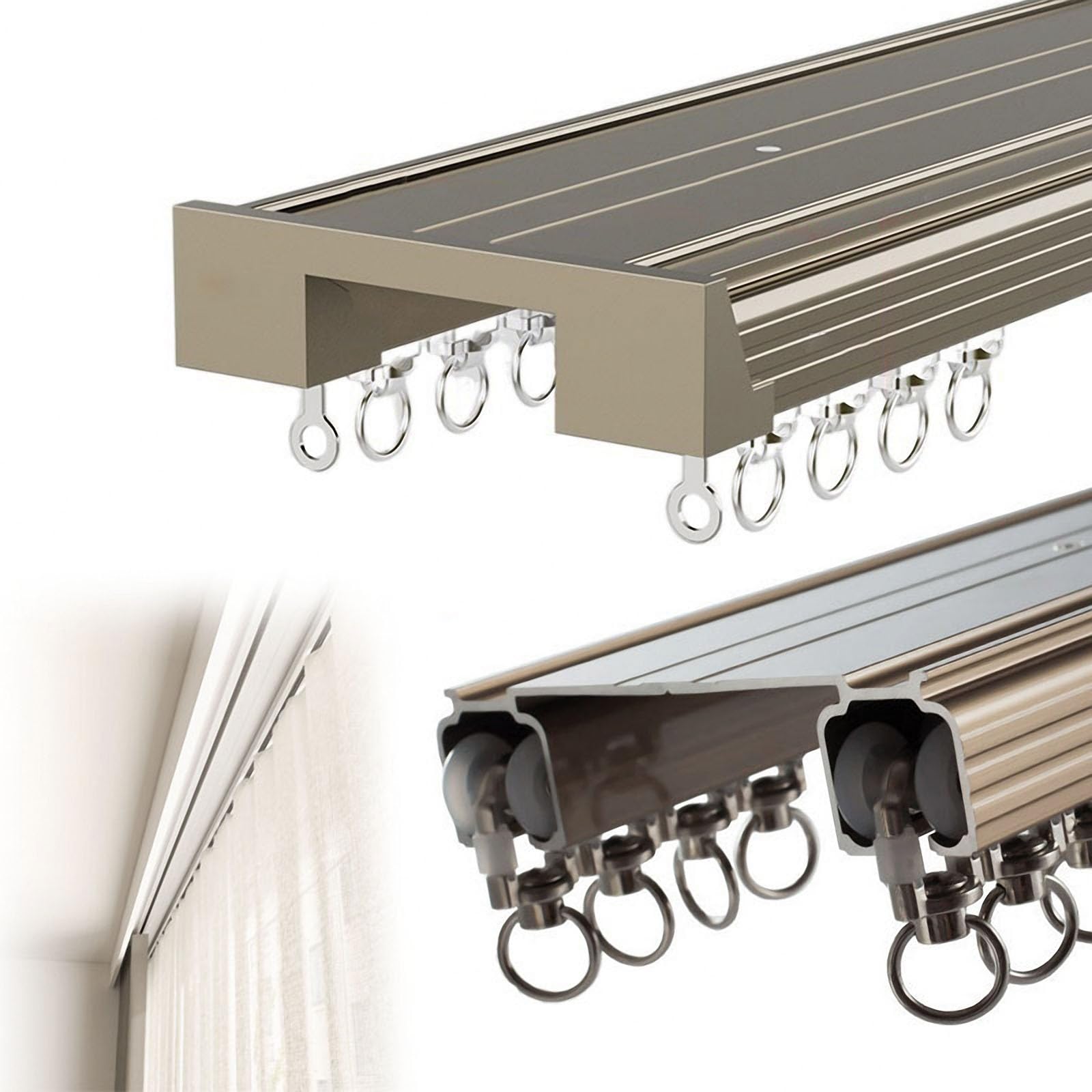 Podwójny wspornik kurtyny, 1 m ~ 5 m szyna do zasłon montowana na suficie, podwójna szyna do zasłon ze stopu aluminium, podwójna szyna syjamska do salonu sypialnia ścianka działowa, łatwa do
