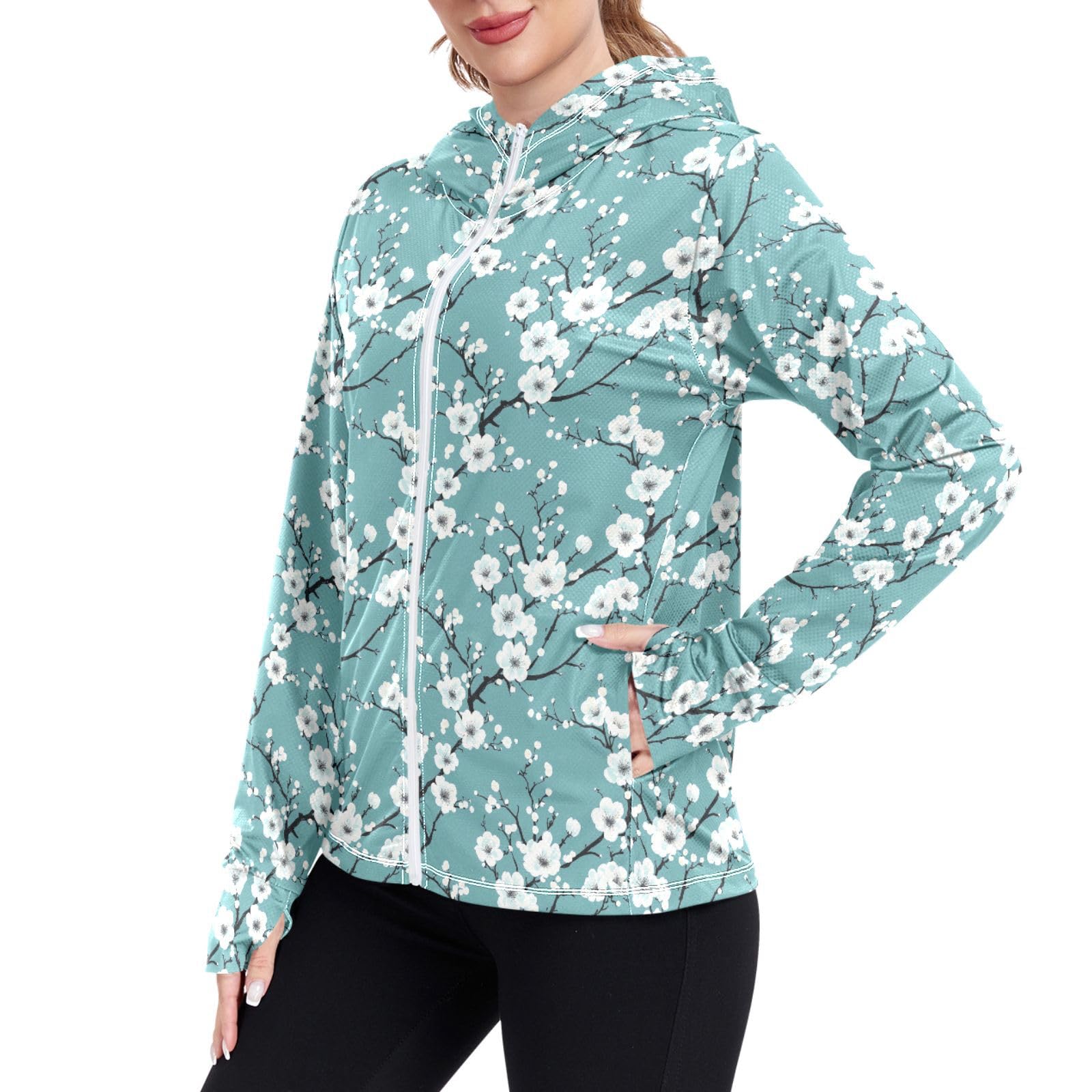 Womens Sun Protection Hoodie Jacket Lightweight Zip Up Jackets for Women UPF 50+ Clothing for Hiking Golf Cycling XL Vintage Florals Teal