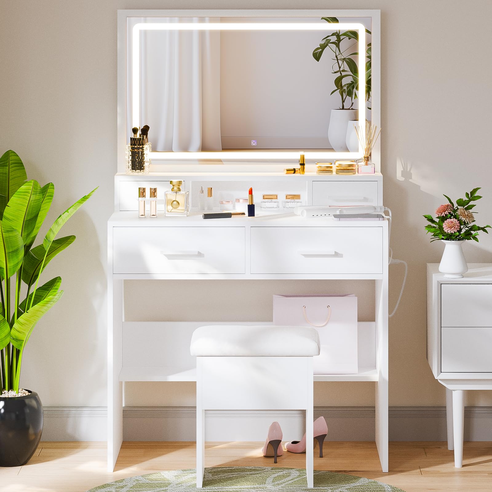 Haewon Vanity Desk with Mirror and Lights, Makeup Vanity Set with 4 Drawers, Power Outlets, and USB Ports, White Vanity with LED Vanity Mirror