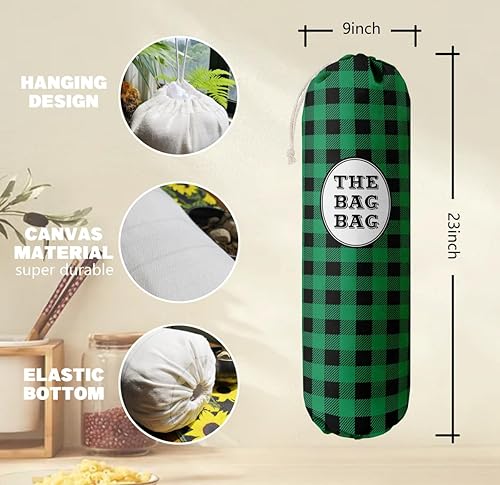 Miniatura 3 de Organizador de bolsas de comestibles a cuadros de búfalo verde para bolsas de compras, bolsas de plástico de montaje en pared, dispensadores de