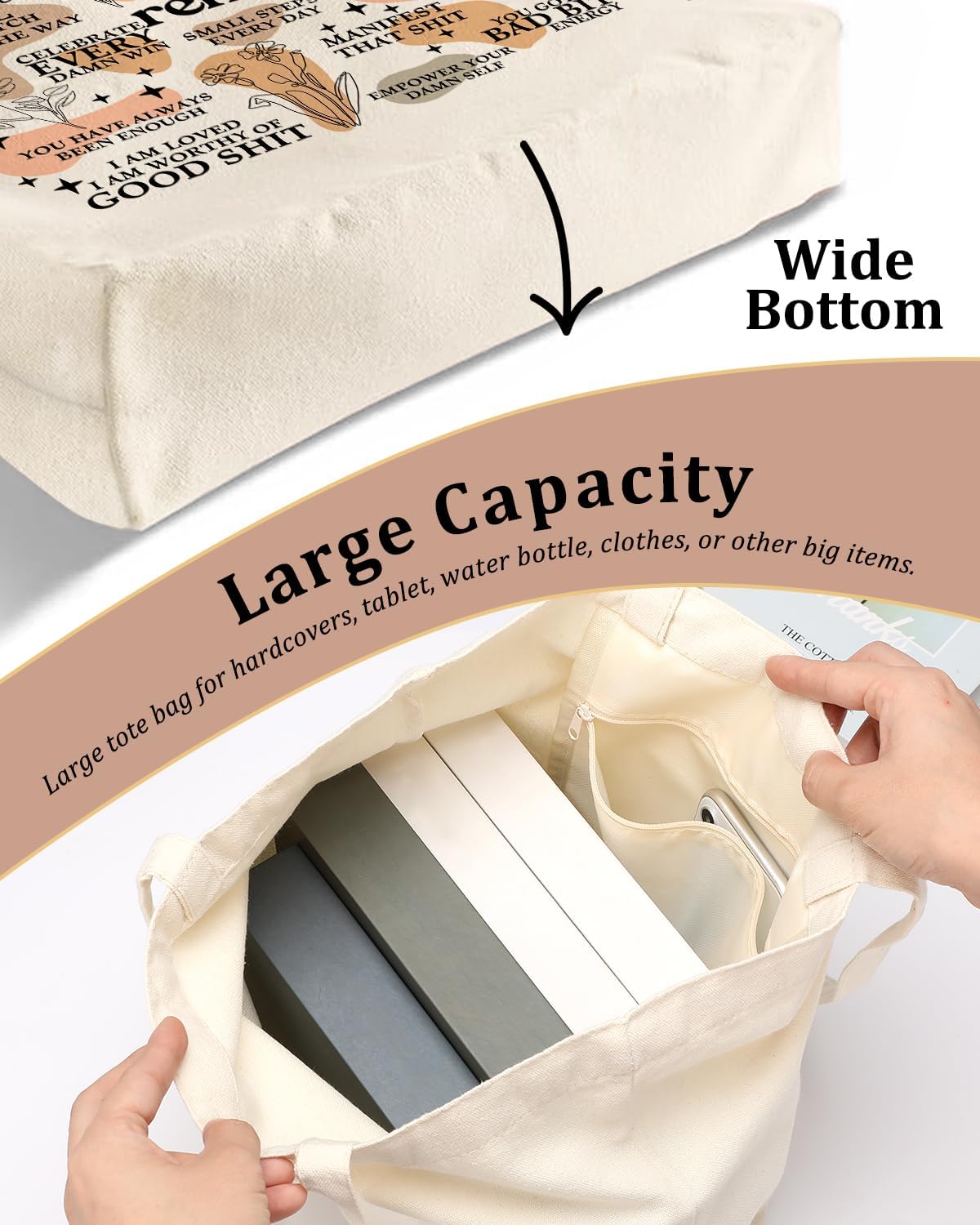 Self Love Daily Affirmations for Women, Inspirational Mom Teacher Nurse Christian Gifts Canvas Tote Bag with Pocket - Image 2