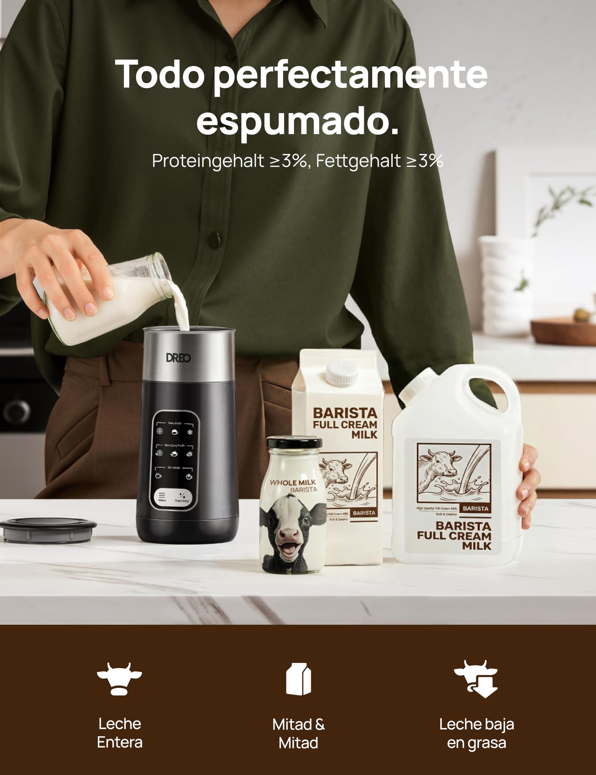 DREO Espumador de Leche Electrico, 8-in-1 Espumador Automático para Latte, Capuchino, Chocolate Caliente, 270ml Milk Frother de Acero Inoxidable, Espuma de Leche Caliente y Fría, LED, Fácil de Limpiar