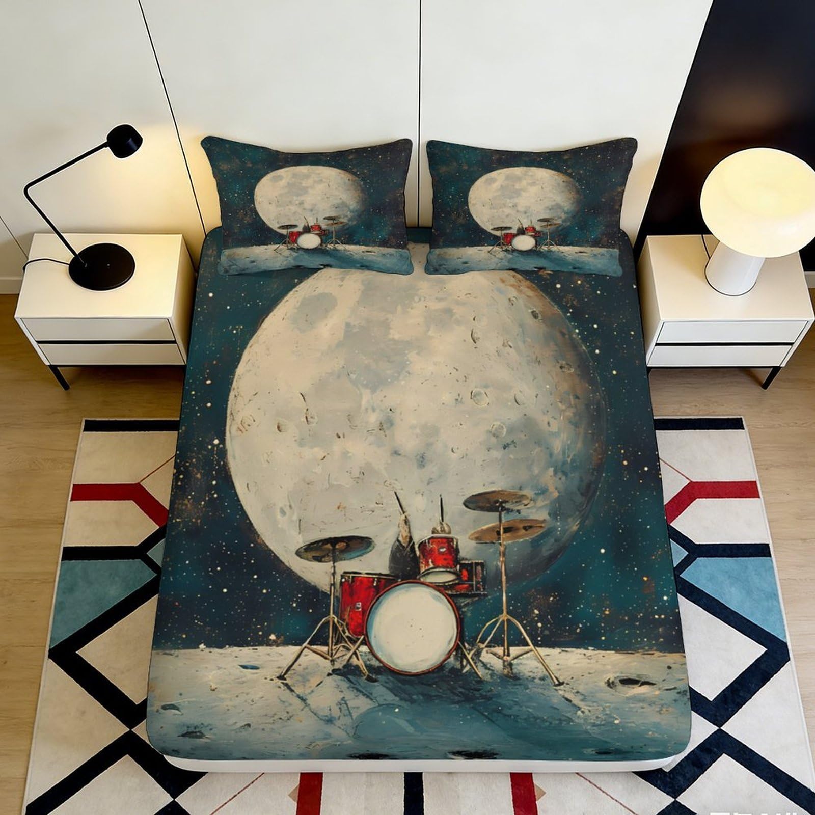3D Printed Moon Drum Set Fitted Sheet Microfiber Soft Durable Starry Night Mattress Cover for Bedroom Dormitory Guest Room Protection and Decoration 140x200x25cm