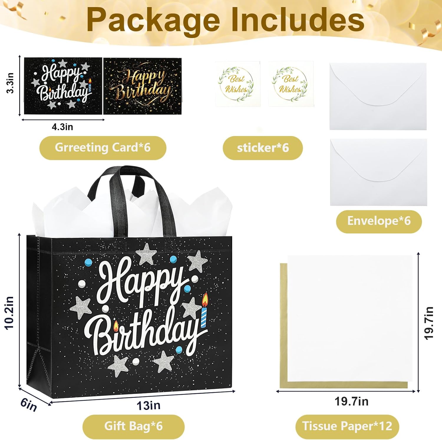 STYPOP 6 Pack 13" Large Birthday Gift Bags with Tissue Paper & Cards, Reusable Non-Woven Happy Birthday Bags with Handles, Perfect Gifts for Men, Boy, Kids, 12.8" x 10.2" x 6.3"