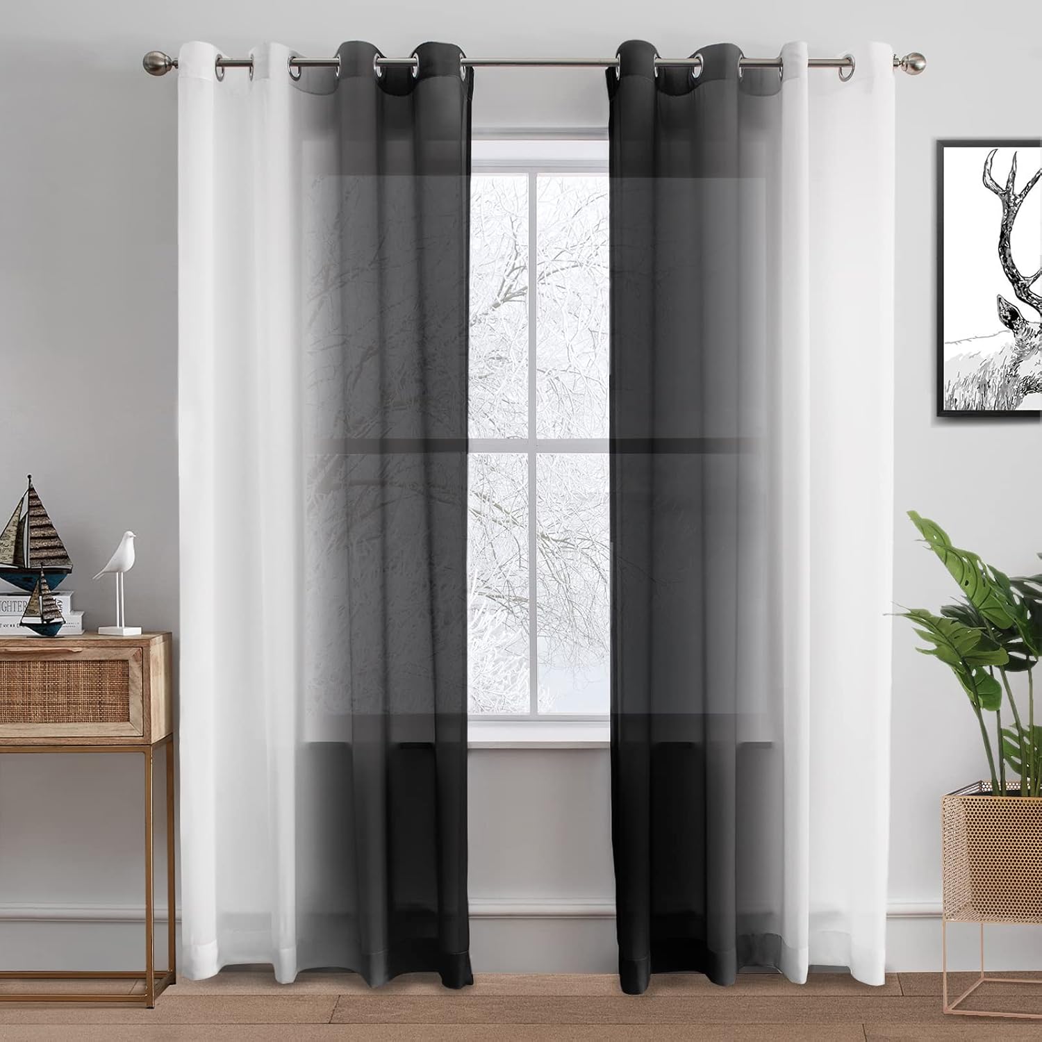 Melodieux Black Ombre Sheer Curtains 84 Inches Long for Living Room, Soft Chiffon White Black Gradient Grommet Voile Drapes, 52 by 84 Inch, 2 Panels