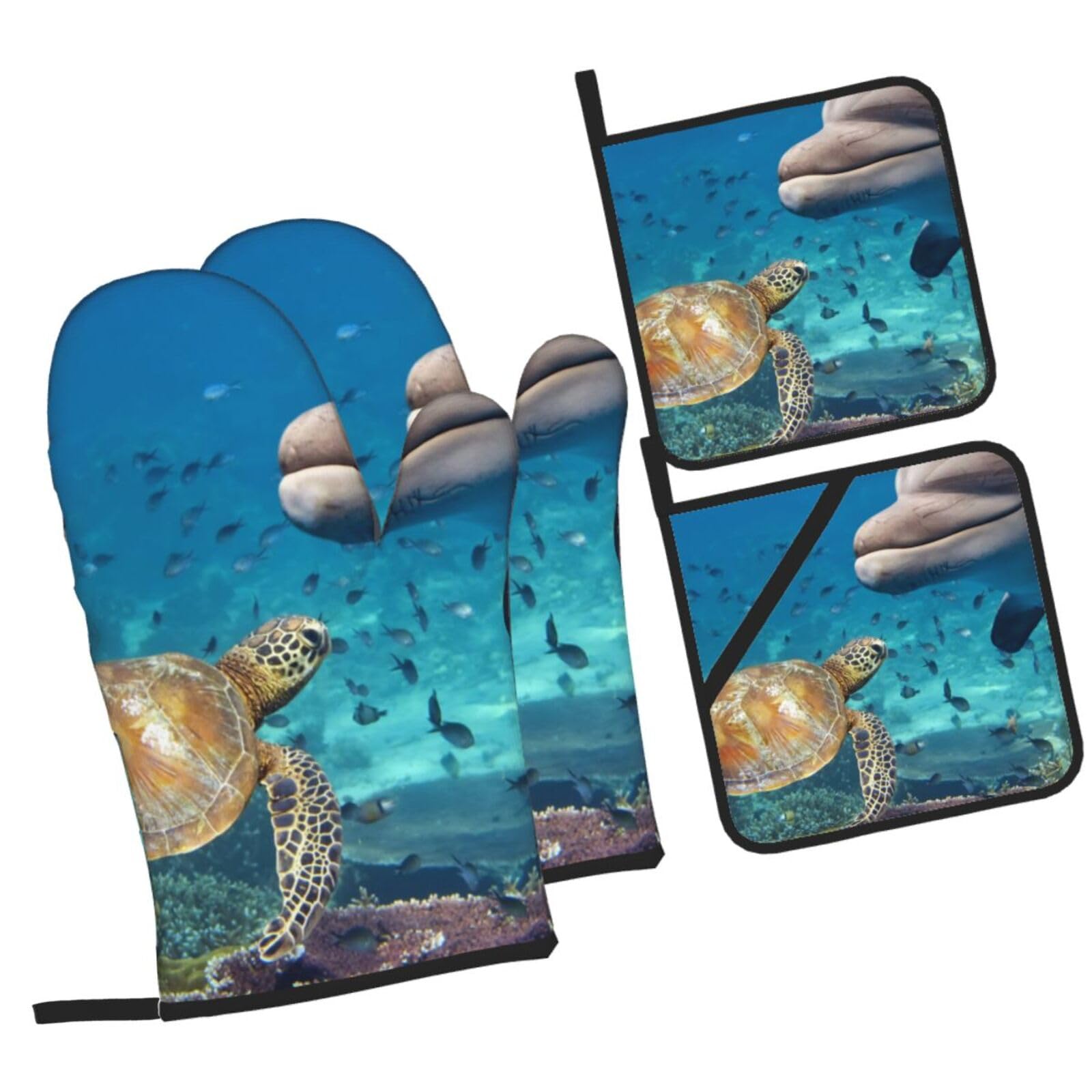 Turtle and dolphin Printed Oven Mitts and Pot Holders Heat Resistant Set of 4 Pcs, Modern Kitchen Gloves & Potholders for Cooking Baking Grilling