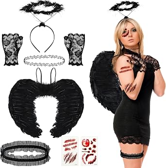 Liitrsh Halloween Angel Costume Womens Feathered Wings Headband Lace Gloves Wedding Garter Angel Outfit Cosplay