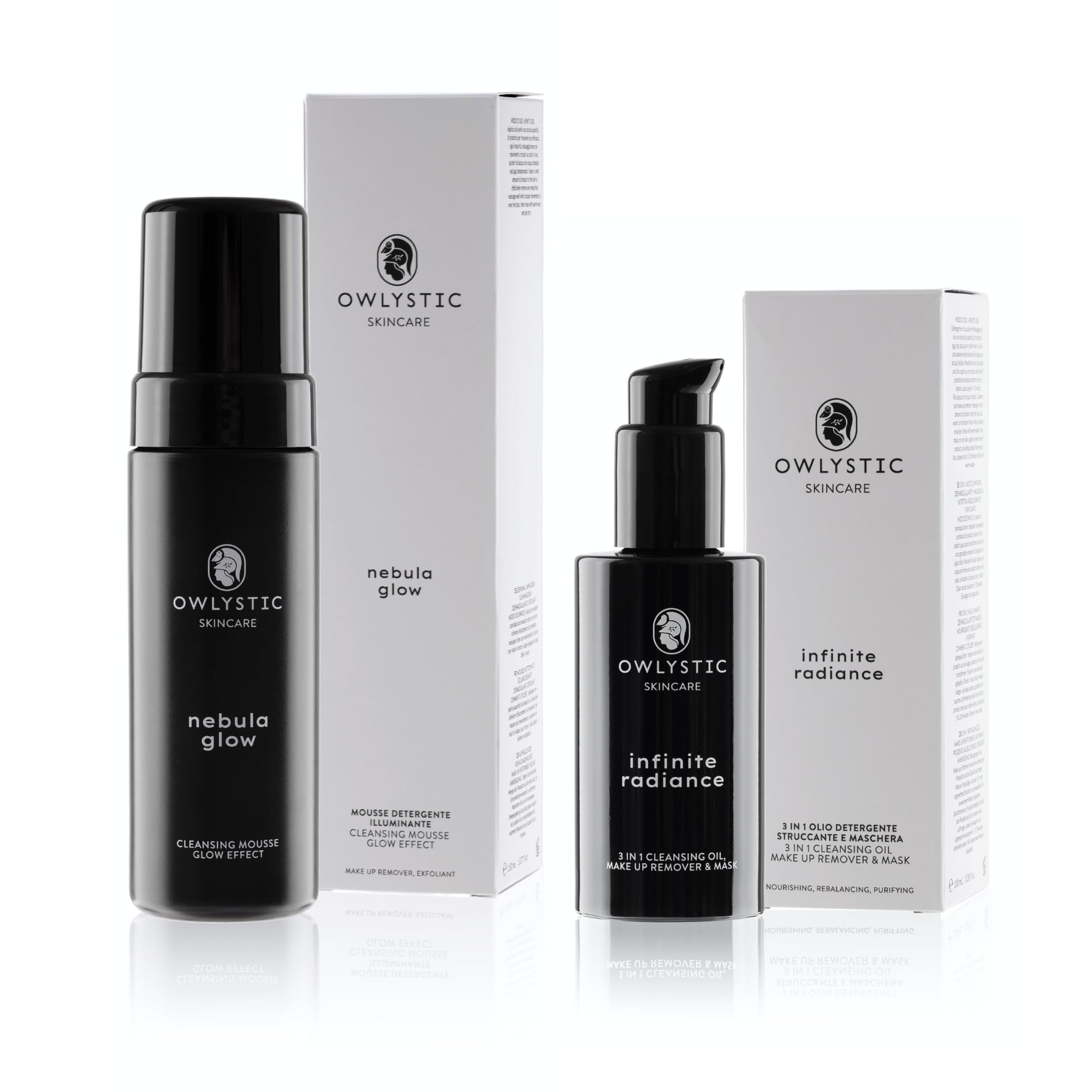 OWLYSTIC Set de Aceite y Mousse Limpiador Facial para Pieles Sensibles - BIO Vegano 100% MADE IN ITALY - Aceite Facial 3 en 1 con Vitamina E y Aceites Preciosos + Mousse Limpiador Desmaquillante