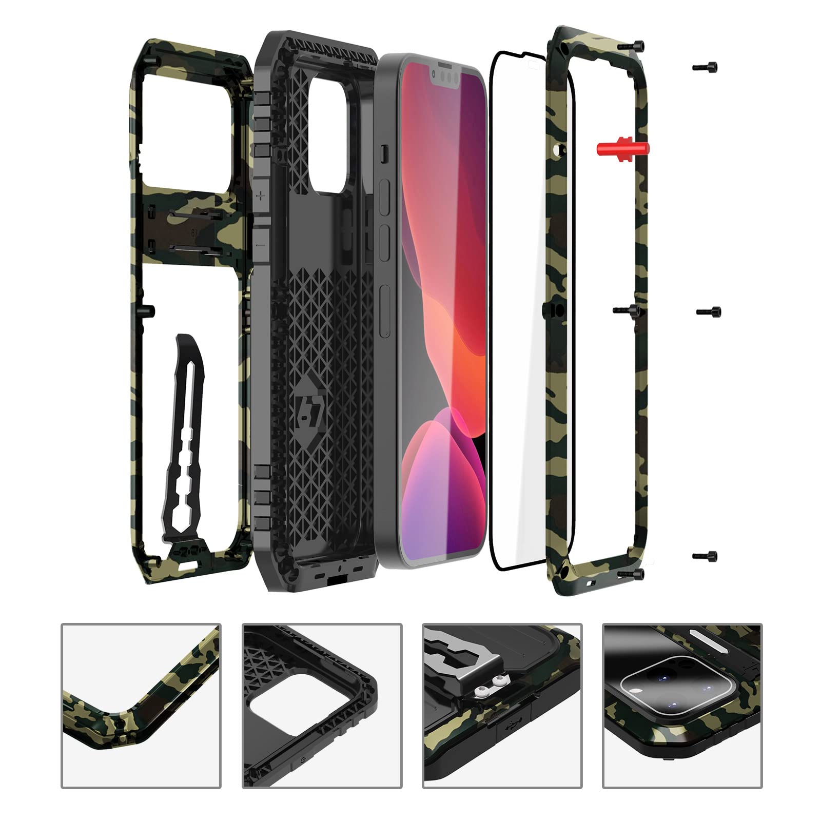 Caso para iPhone 14/14 Plus/14 Pro/14 Pro MAX, Caja de Armadura de Servicio Pesado de Grado Militar con Soporte Invisible y Protector de Pantalla, Cubierta Posterior a Prueba de Agua