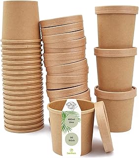 DeinPack 50 Suppenbecher to Go mit Deckel braun 480 ml 16oz I Becher mit Innenbeschichtung Suppen-Becher to Go Pappe I Eisbecher mit Deckel