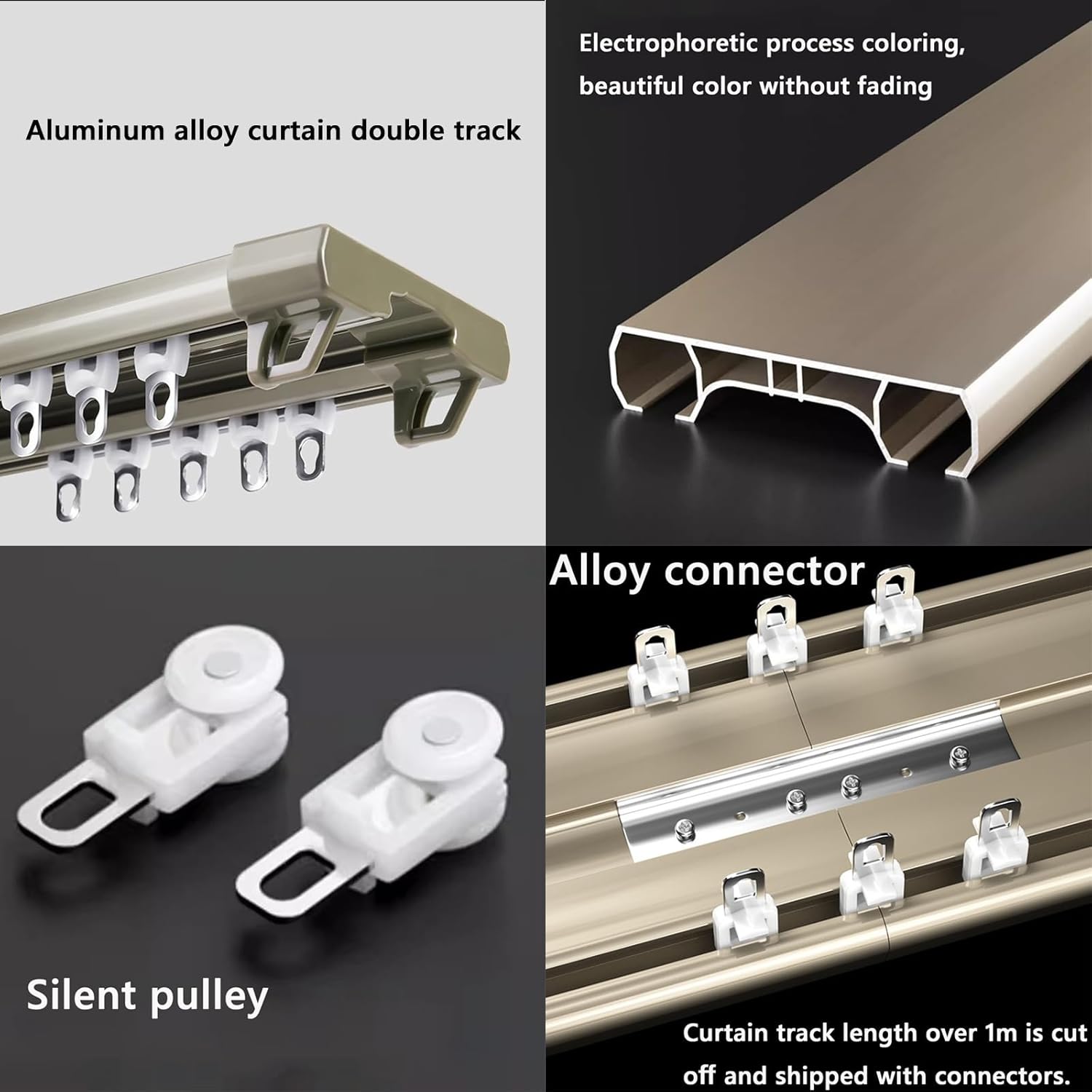Double Curtain Track Curtain Conjoined Double Track Rails, Curtain Track, Aluminum Alloy Curtain Rails, Aluminum Ceiling Curtain Track, Ceiling Mounting Curtain Rails(Champagne,1.9m/6.2ft)