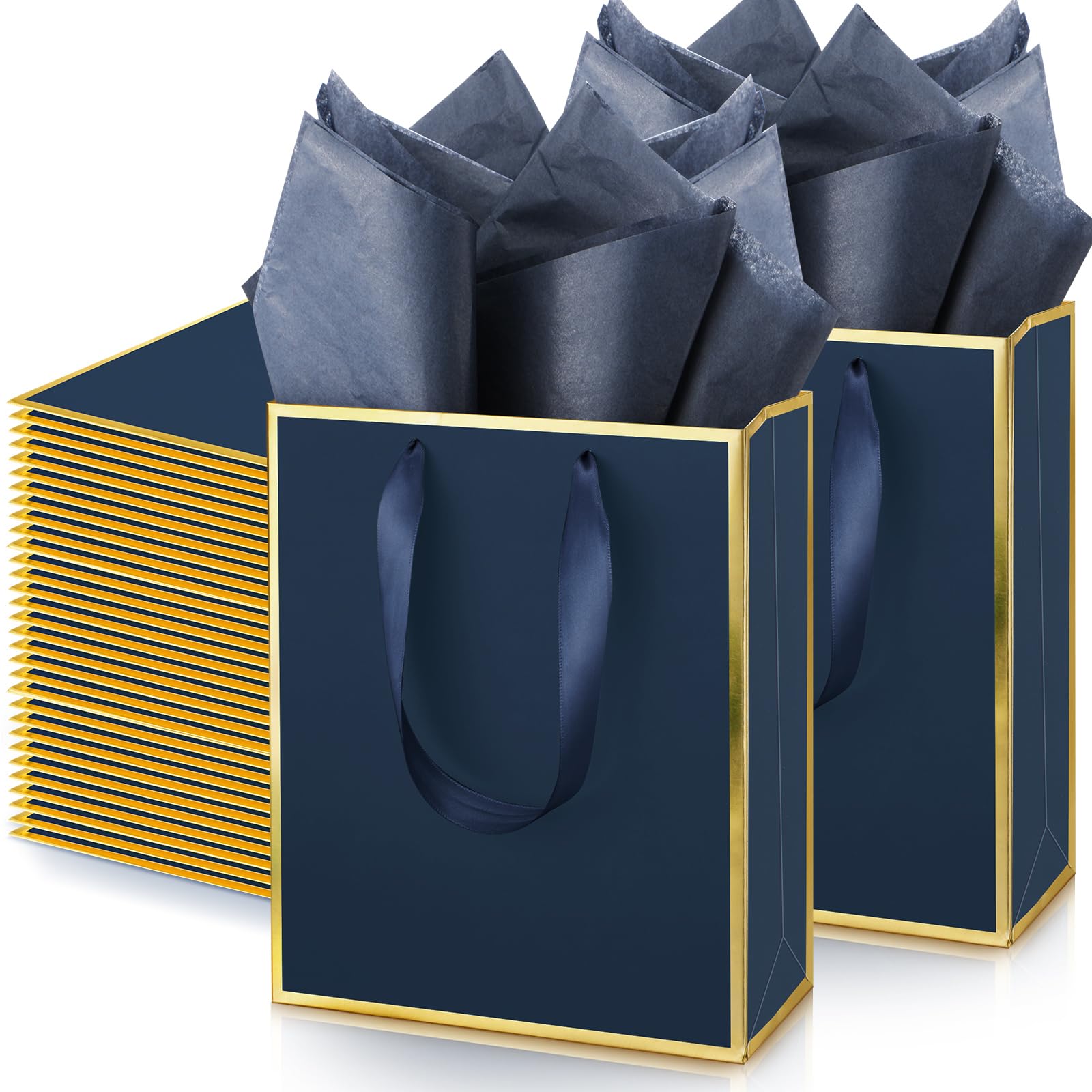 Yeaqee 50 Pack Metallic Gift Bags with Handle and Tissue Paper Gold Foil Thank You Bag for Graduation Wedding Groomsmen Bridal Baby Shower Gifts