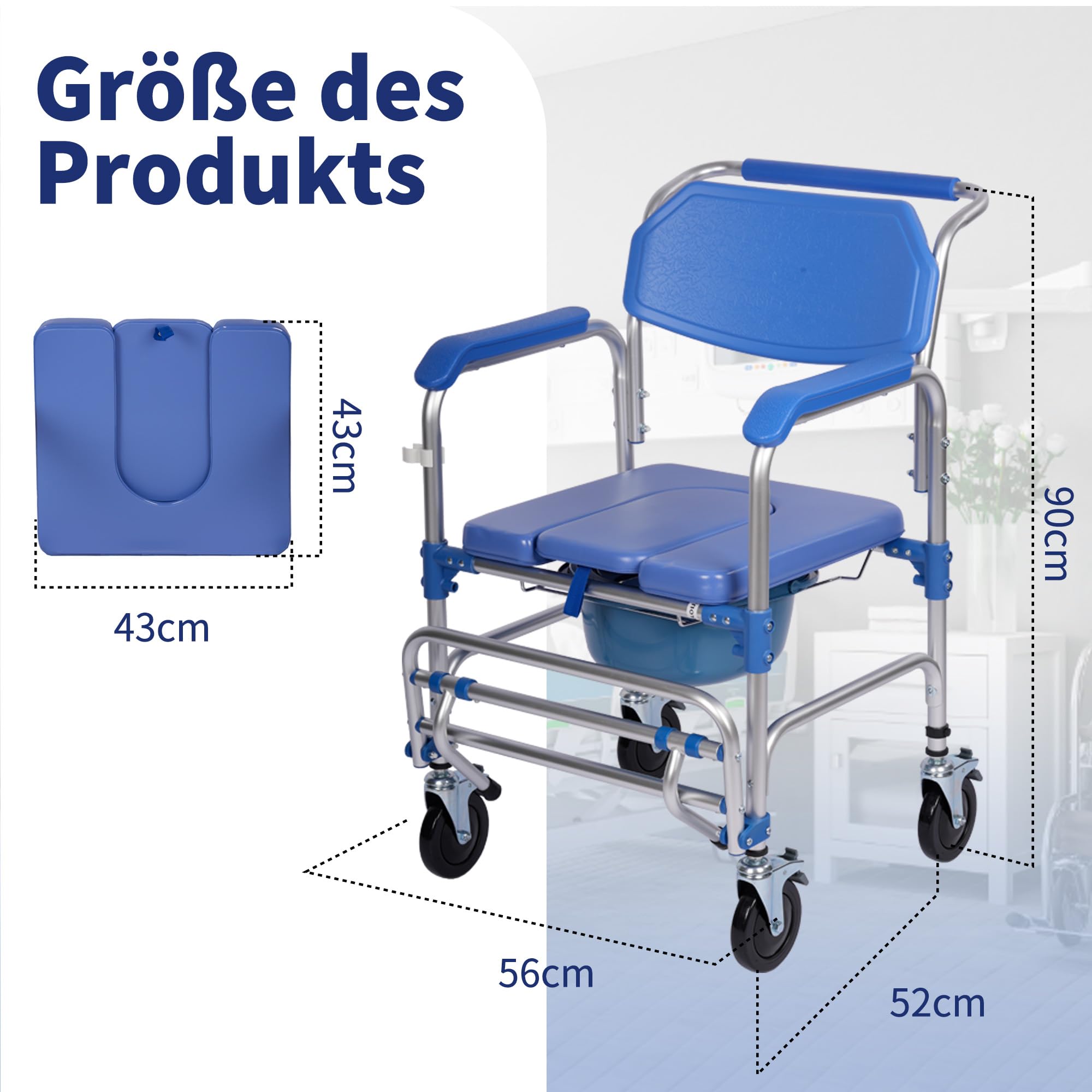 Toilettenstühle, Toilettenstuhl mit rollen, Duschstuhl für senioren, Toilettenstuhl fahrbar für kranke, ältere, behinderte und schwangere, Bis 150 kg Belastbar