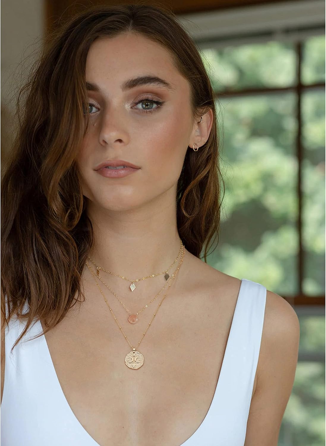 CANEVINKA 18K Gold Plate Coin Pendant Necklace for Women Dainty Compass Sunflower Necklaces Personalized Chain Layered Jewelry - Image 2