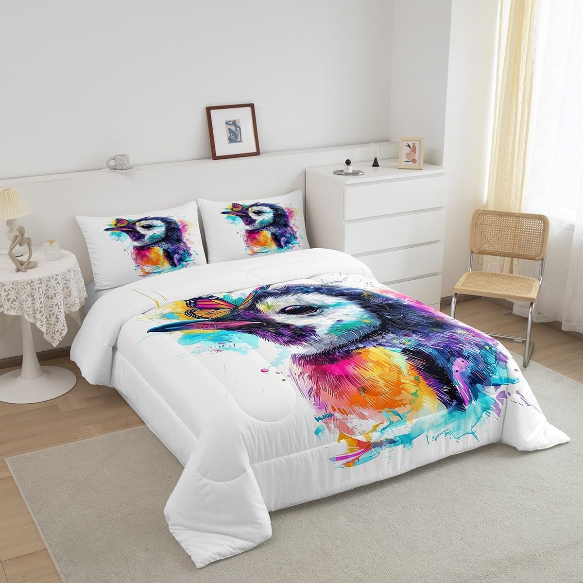 Erosebridal Cute Penguin Queen Size Comforter Set for Kids Orange Butterfly Bedding Set for Girls Boys, Watercolor Animal Down Comforter Graffiti Wildlife Bed Set, Antarctic Penguin Quilted Duvet