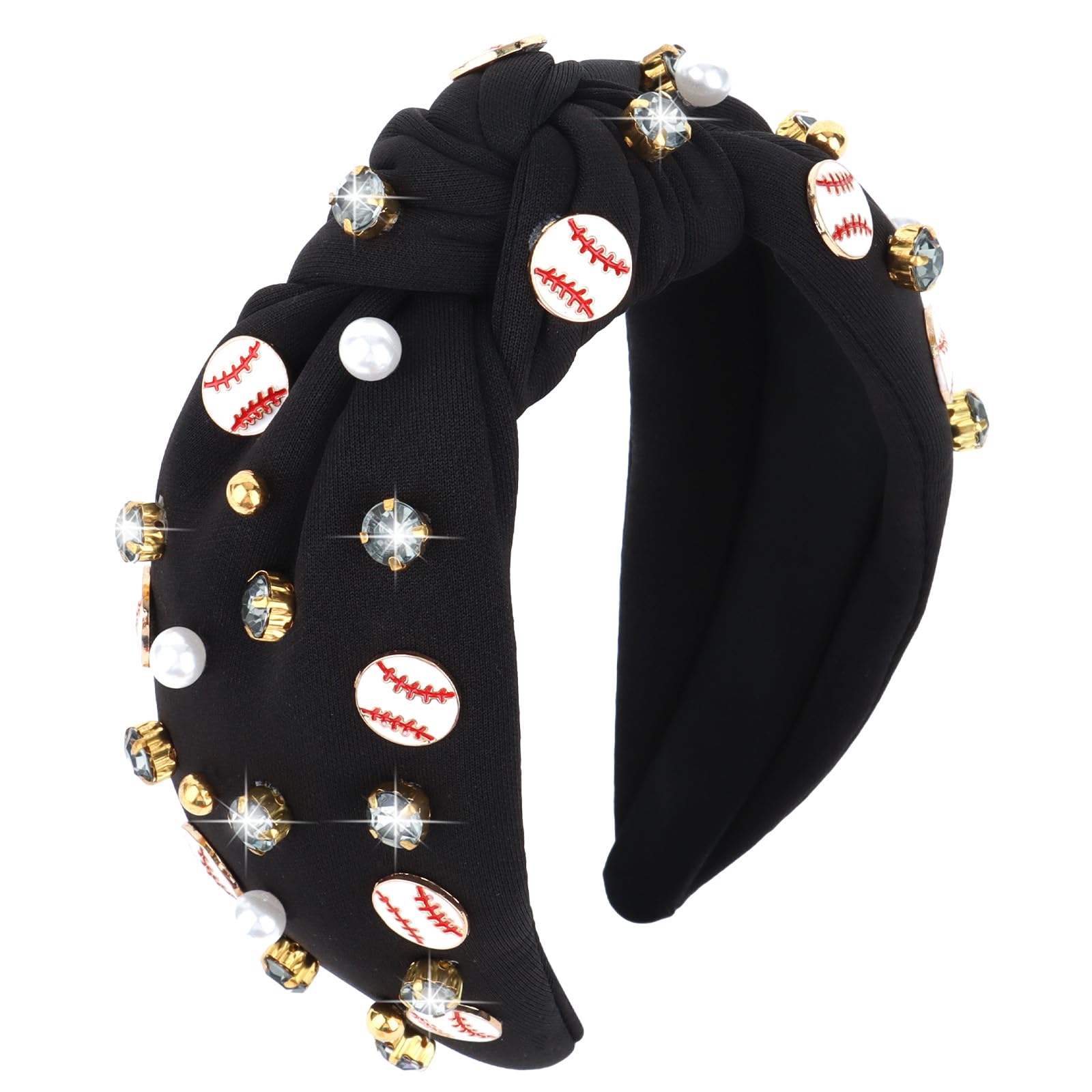YARIEW Wide Knotted Jeweled Baseball Headband for Women Girls - Top Knot Sports Accessories for Game Day, Fan Mom, Halloween Gifts (Black)
