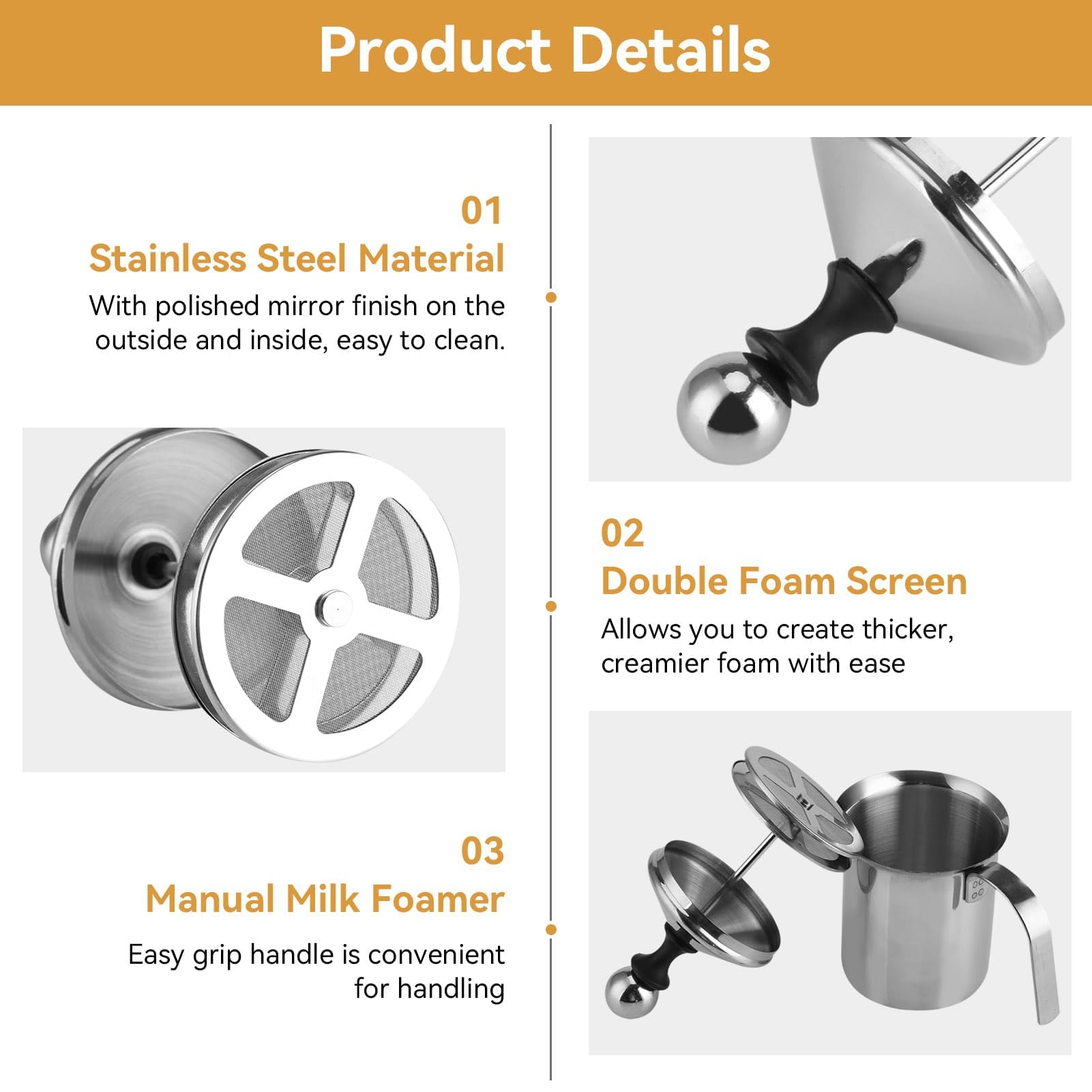 HERCHR 800ml Montalatte, schiumalatte in acciaio inox doppia rete manuale, Pompa Schiuma Latte per Cappuccino e Caffè