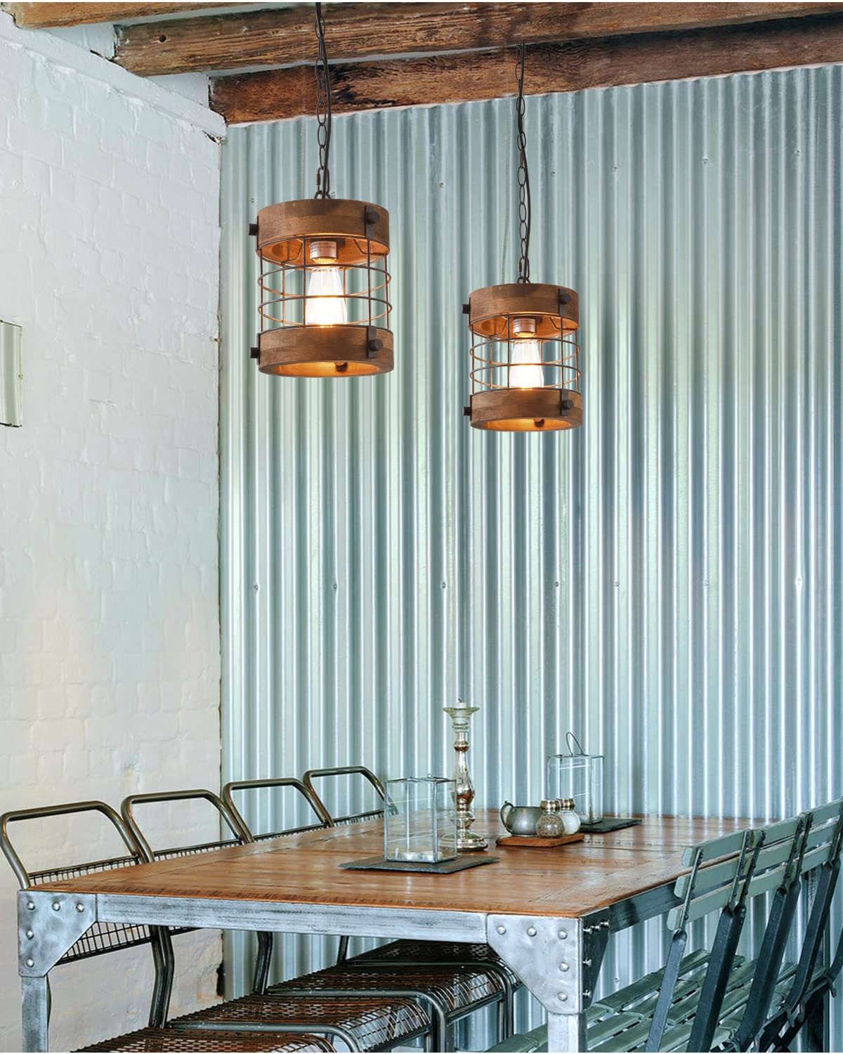 BOMILITE Farmhouse Pendant Light, Wooden Cage Rustic Latern Chaindelier 1 Light, Metal Hanging Light Fixture for Kitchen Island, Hallway, Rusty Finish (BM-66505)