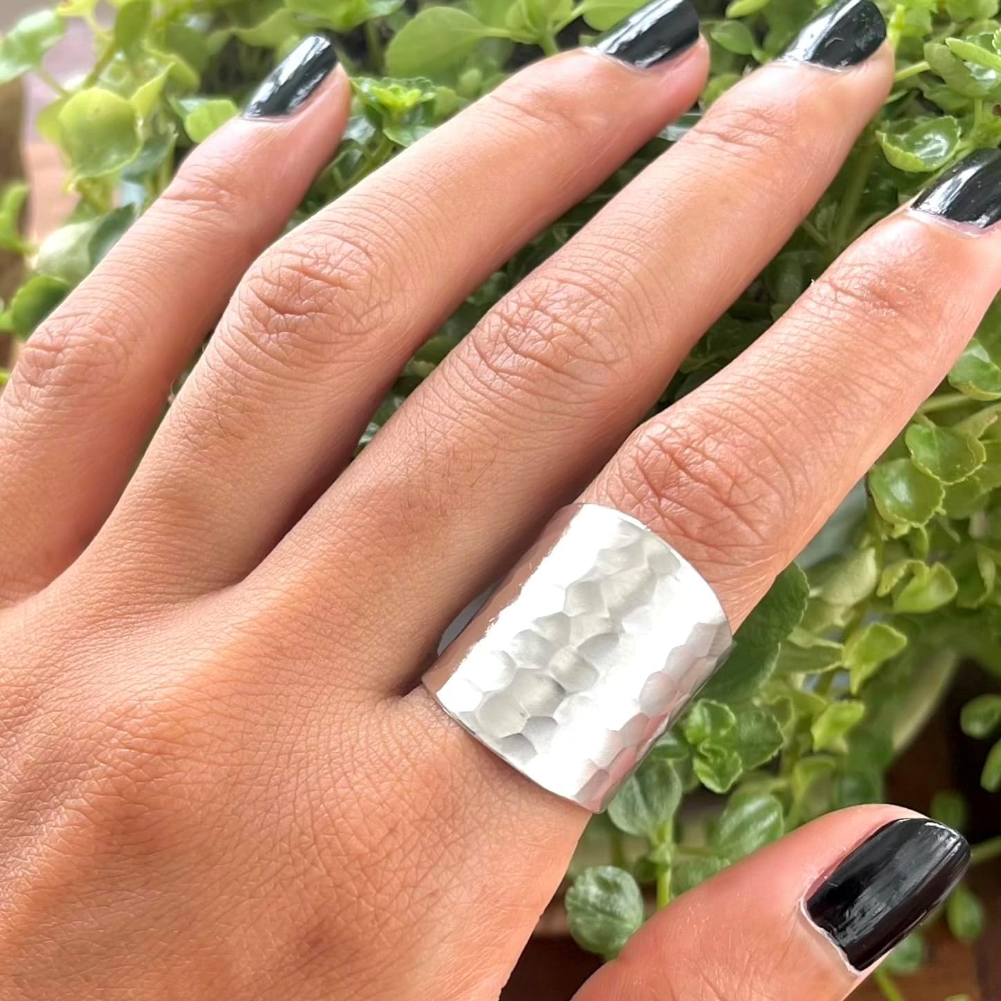 Hammered Sterling Silver Handmade Classic Wide Band Boho Statement Ring, Shiny Finish Wrap Band Adjustable to Sizes 6-12, Also as Thumb Ring, Gift for Her - Image 6