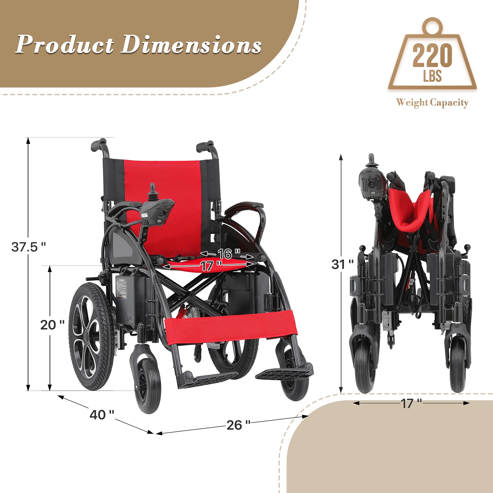 Athena Collection Electric Wheelchairs for Adults, All Terrain Foldable Motorized Wheelchair with Swing-Away Foot Rest Dual-Battery Intelligent Power Wheelchair, Black