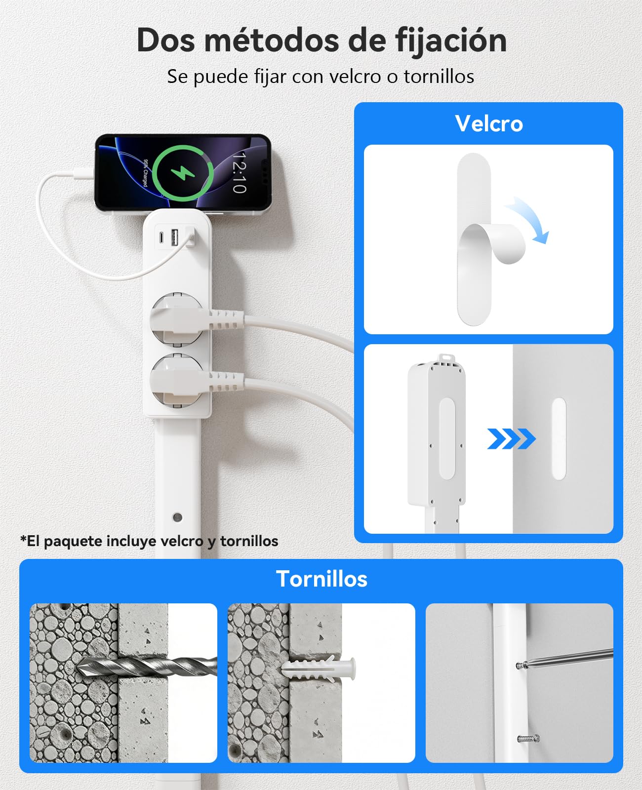 Regletas Enchufes 2 Tomas, 2 Puertos USB-A y 1 USB-C, Regleta Múltiple con 3 Extensión, Apta para Enchufes de Difícil Acceso Detrás del Sofá, Mesita de Noche, Escritorio — view 5