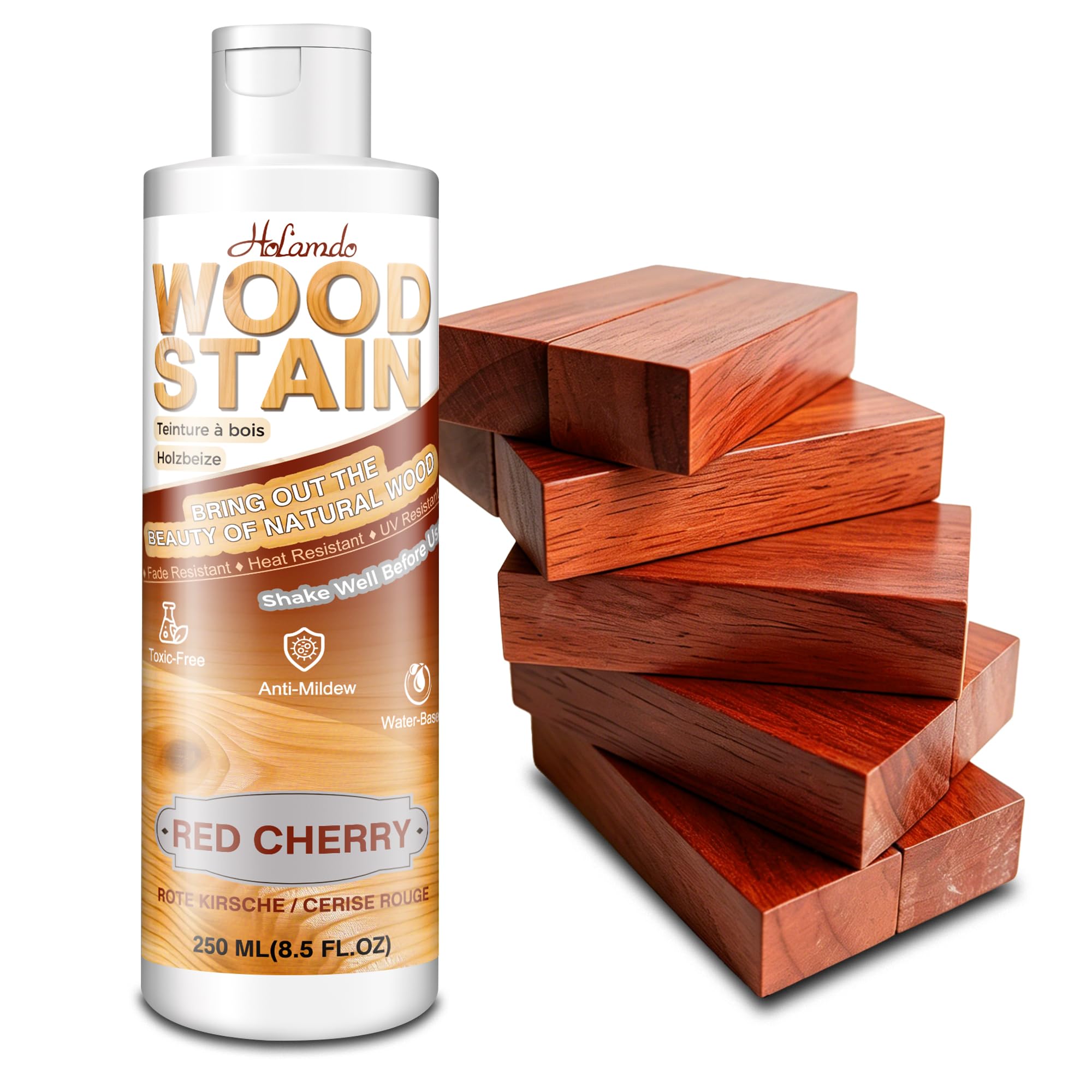 Water Based Wood Stain 250ml, Red Cherry – Indoor Outdoor Furniture Stain & Wood Varnish for Doors, Windows, Paneling & Cabinets, Low Odor Non-Toxic, Fade Resistant, Multiple Finishes