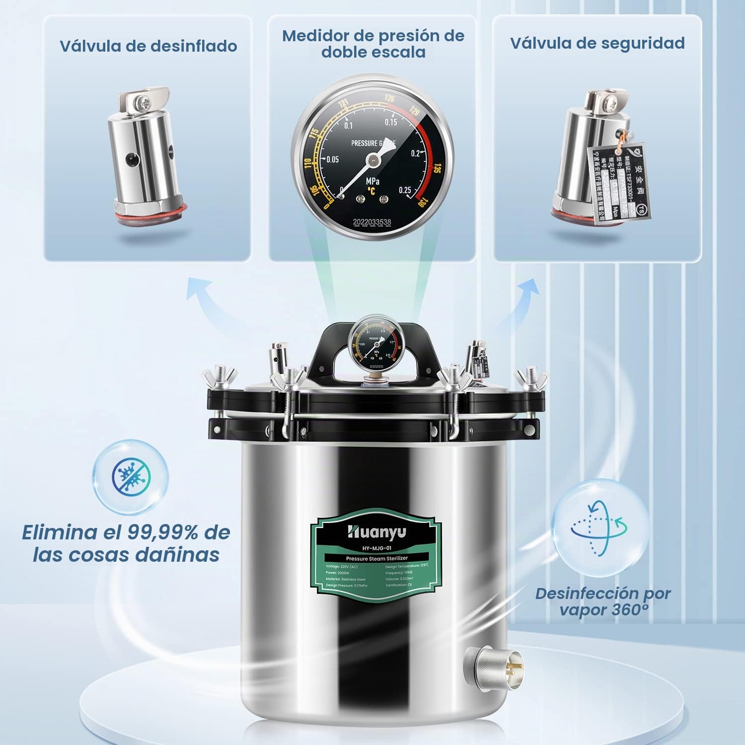 Huanyu 18L Autoclave Esterilizador con Válvula de Desinflado y Válvula de Seguridad Autoclave de Vapor de Laboratorio Antiquemaduras Esterilizador de Vapor de Alta Presión para Hospitales