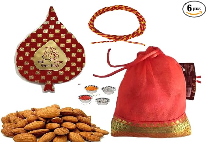 Velour Shoppe Bhaiya Dooj Badam Potli100gms Tikka Thread, Roli, Chawal, Chandan, Mishri for Bhai Bhau Beej Phota Gift