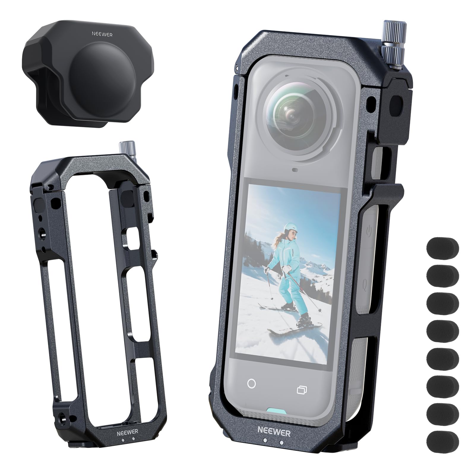 NEEWER Gabbia Fotografica per Insta360 X5, Custodia Protettiva, Telaio Lega Alluminio per Video Rig con Sgancio Rapido, Adattatore Montaggio, Filettature 1/4", Paraluce, Accessori per Action Camera