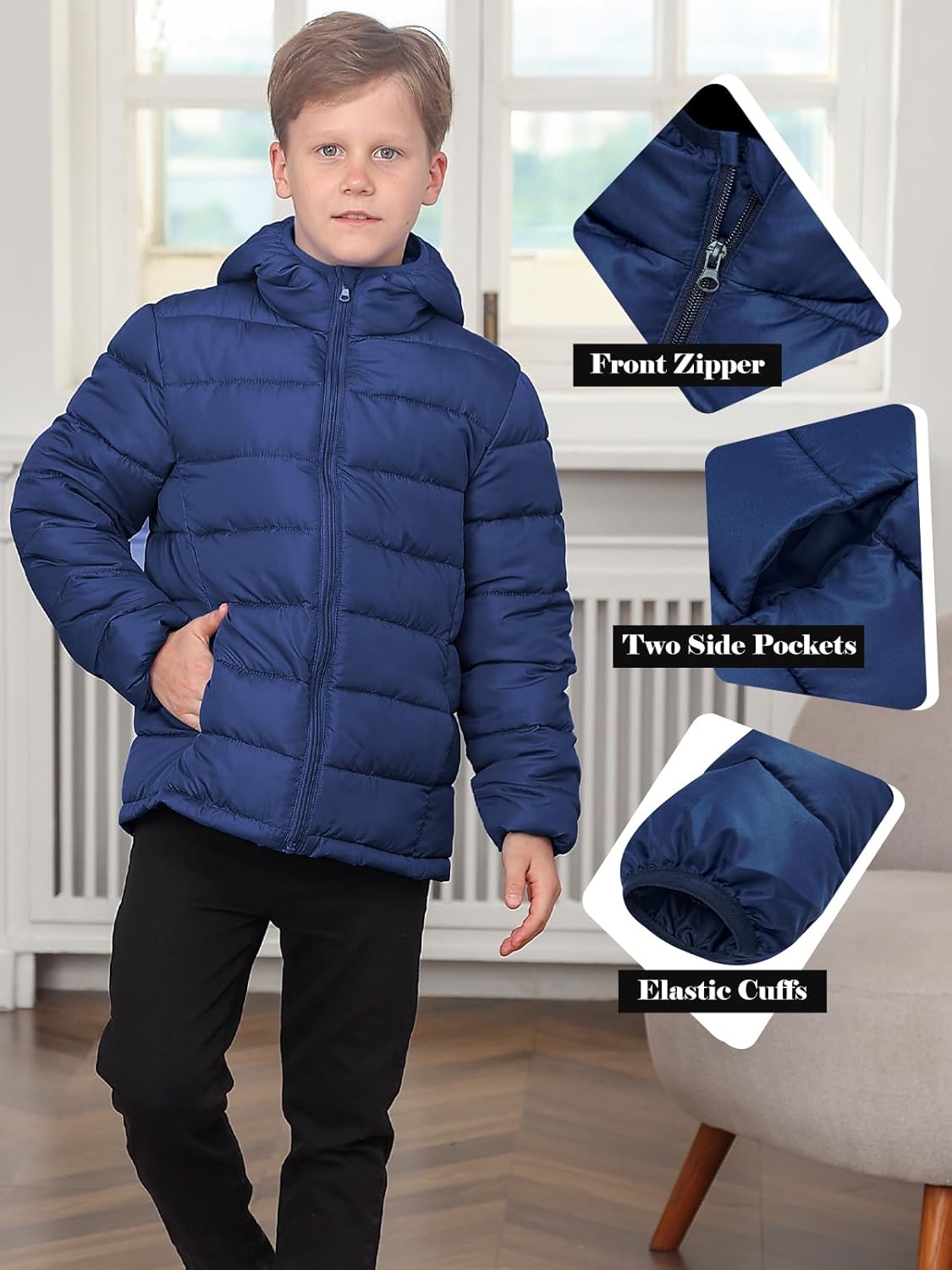 Boys Jacket for Winter Fall 6-7 Years Little Kids Lightweight Down-alternative Hooded Puffer Coat Kids Navy Outwear Windpoof Waterpoof - Image 7