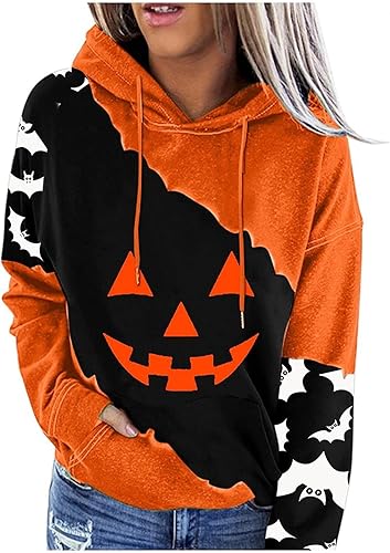 ADHOWBEW Sudaderas de Halloween para mujer 2023 de manga larga con diseño de calabaza de gran tamaño, lindos suéteres Y2K