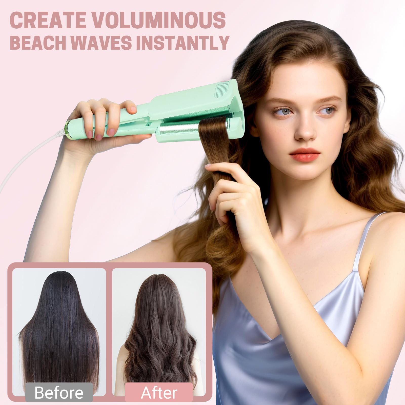 Rizador de Pelo Ondas 32mm, Beach Waves Plancha Ondas, Rizador Francés Iónico con 4 Temperaturas Ajustables, Antiquemaduras, Ideal para Principiantes y Todo Tipo de Cabello