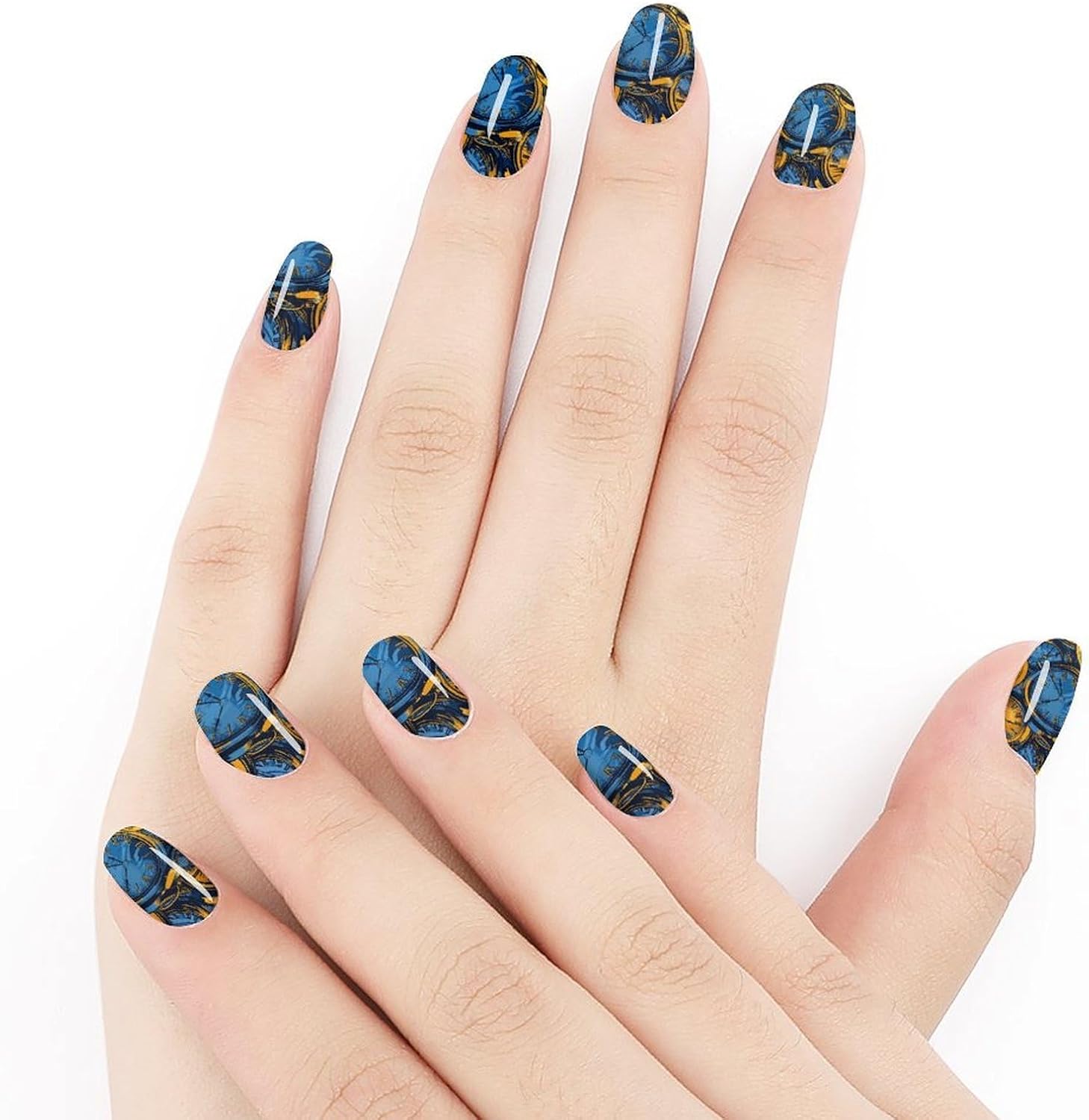 100 Pieces Full Nail Wraps Self-Adhesive Gel Nail Stickers for Women | Blue And Yellow Clock Nail Strips, UV Free, Chip Resistant, Waterproof Full Cover, Long Lasting Nail Decals