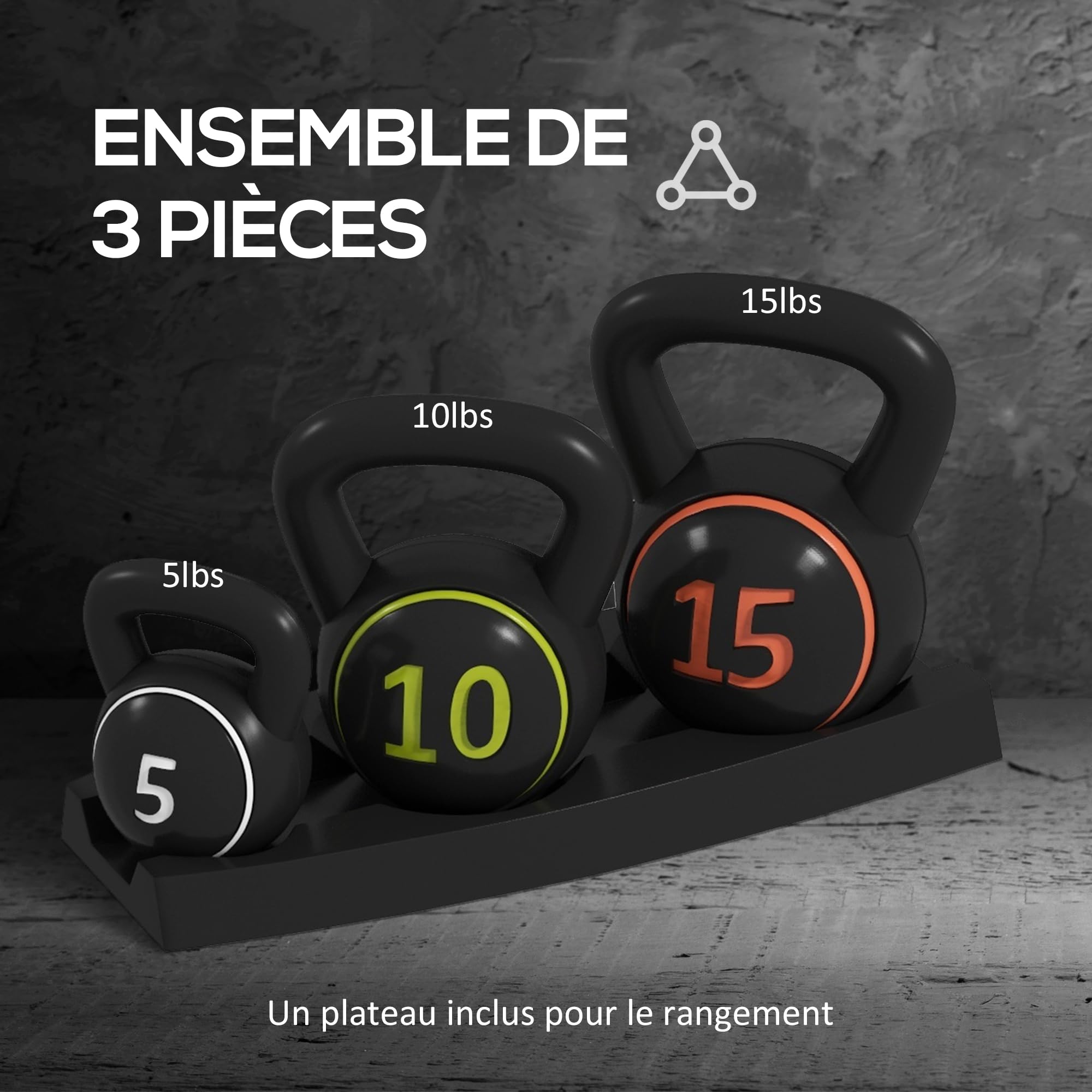 SPORTNOW Lot de 3 Kettlebells, 2,2, 4,5 et 6,8 kg, sports fitness training, grip antidérapant, avec plateau de rangement, noir