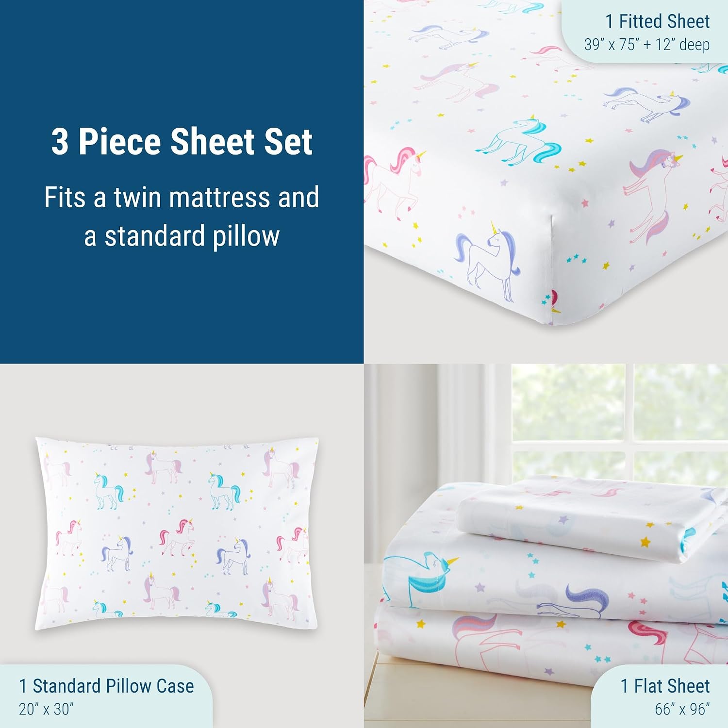 Wildkin 100% Cotton Twin Sheet Set – Soft & Cozy Bed Sheets - Unicorn