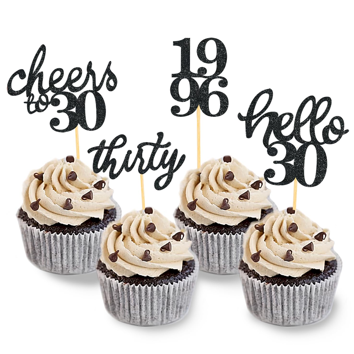 24 Stück Glitzer 30. Geburtstag Cupcake Topper Geburtstagsdeko von 1996 für 30 Geburtstagsfeier Zubehör Party Dekoration Kuchendekoration (Neu Schwarz)