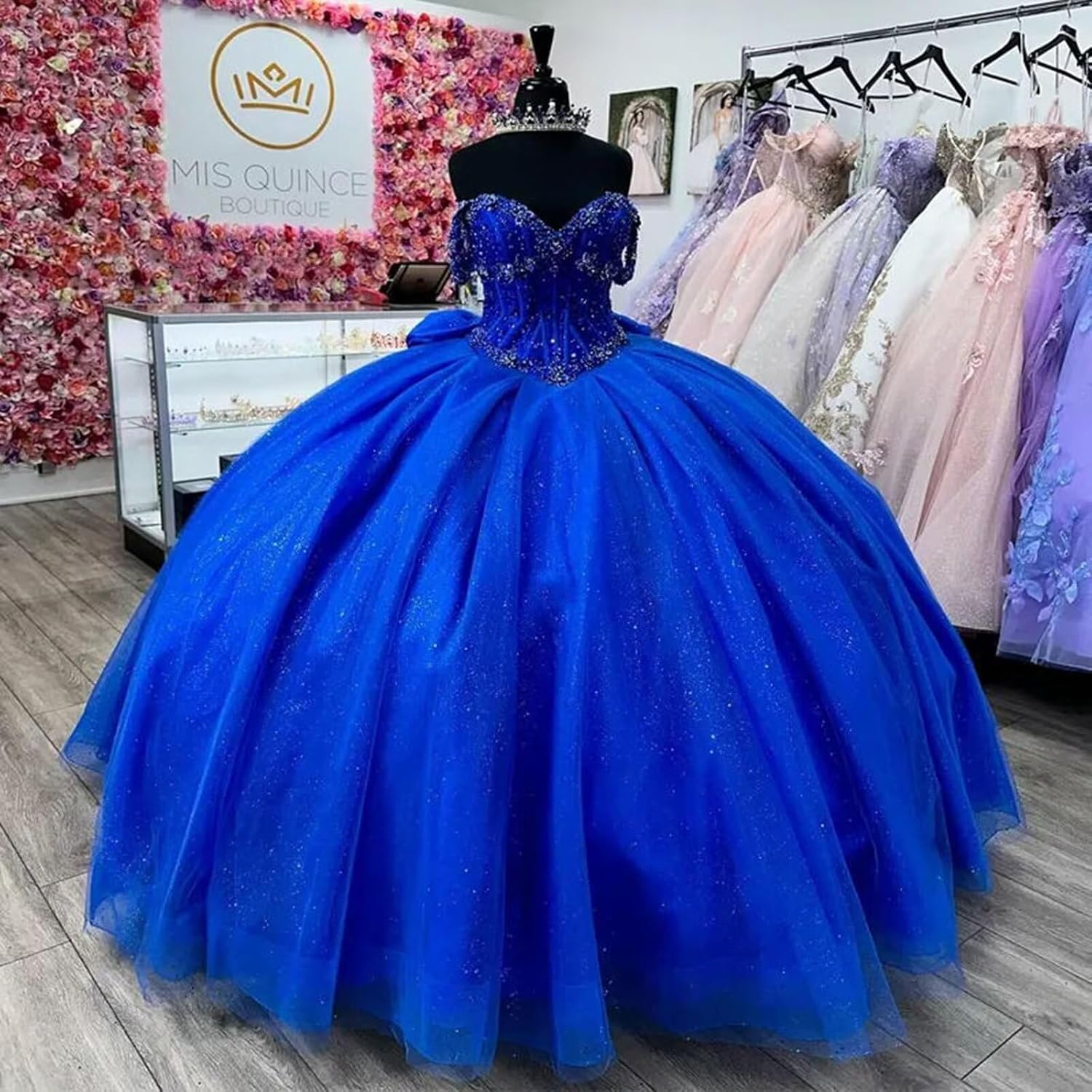 Vestidos de quinceañera con Hombros Descubiertos y Cuentas con Lazo, Vestidos de quinceañera Formales Largos para Fiesta de graduación MT034