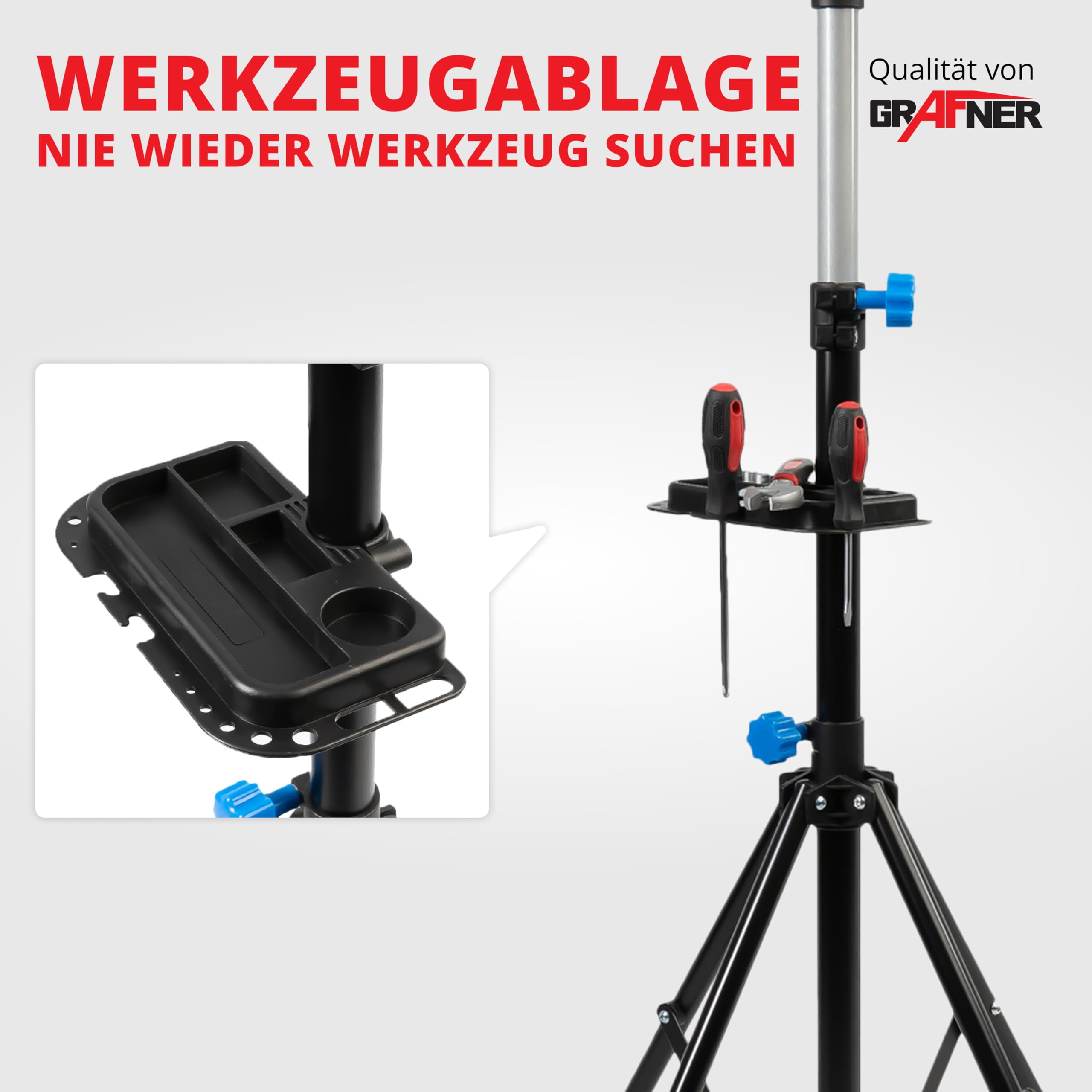 Grafner Montageständer für Fahrräder und Ebike, mit Werkzeugablage 105-190 cm, belastbar bis 30 kg, klappbar & höhenverstellbar, vierbeinig, robuste Ausführung, Reparaturständer Ebike