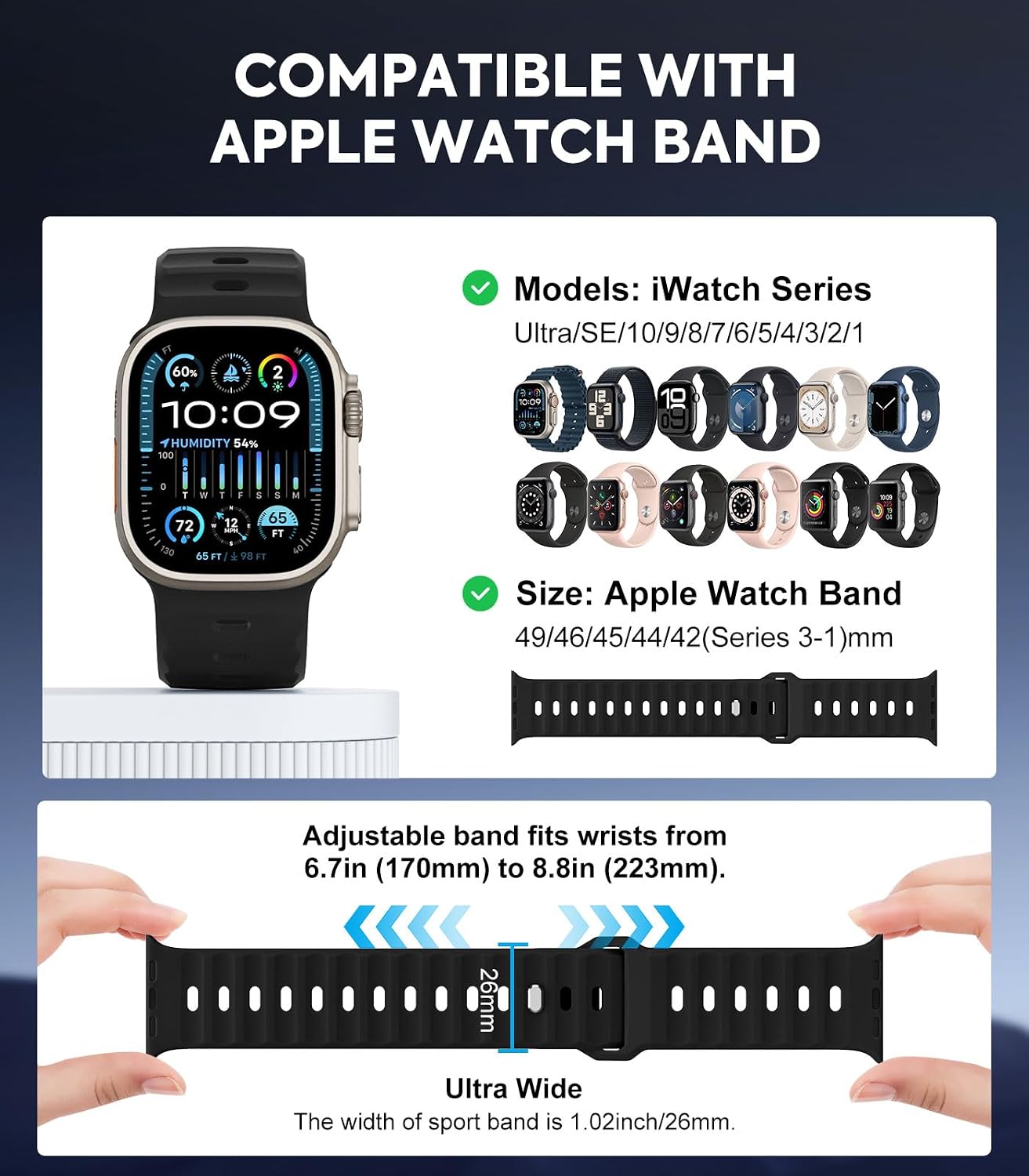 MoKo Ocean Band Compatible with Apple Watch Ultra 3/2/1 Band 49mm 46mm 45mm 44mm 42mm for Men Women, Silicone Replacement Strap Sport Wrist band for iWatch Series 11 10 9 8 7 6 5 4 3 2 1 SE 3/2/1
