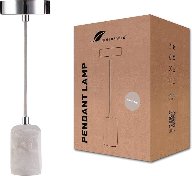 greenandco® lámpara colgante de techo Vintage E27 hormigón con cable textil acortable de 150 cm, para iluminación interior, estilo moderno, 230V